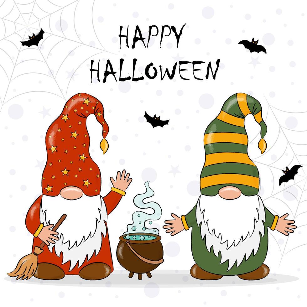 Halloween card. two cute gnomes with a broom in their hand and a magic potion vector