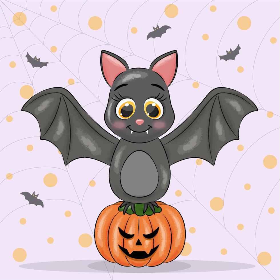 holiday card halloween. a bat sits on a pumpkin vector