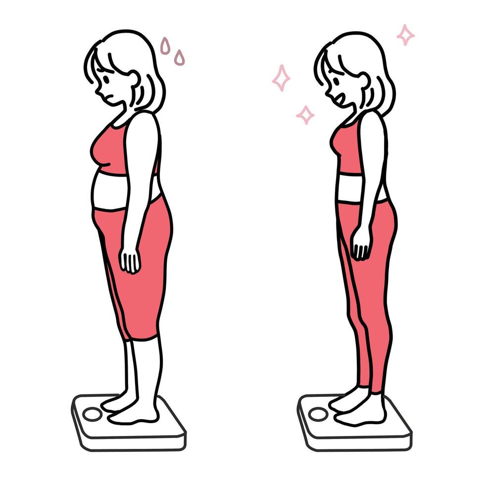 Minimalist duotone illustration of a young woman standing on the scale, fat and slim, comparing before and after weight loss. Simple kawaii line art. vector