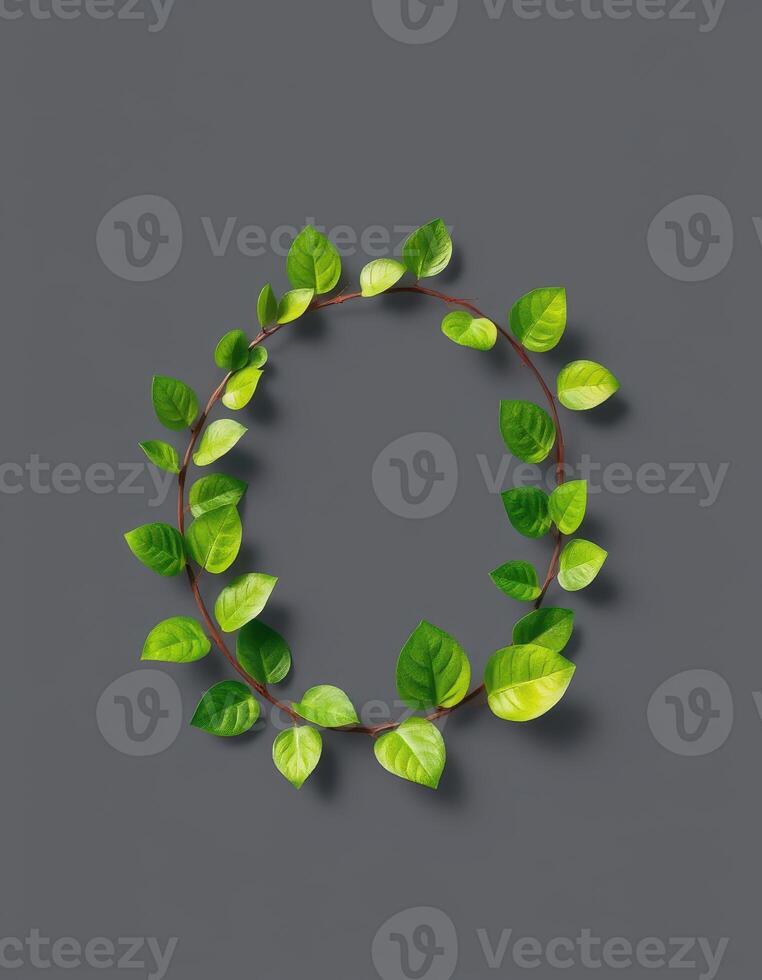 Green leaves arranged in a circular pattern on a gray background creating a natural frame for creativity photo