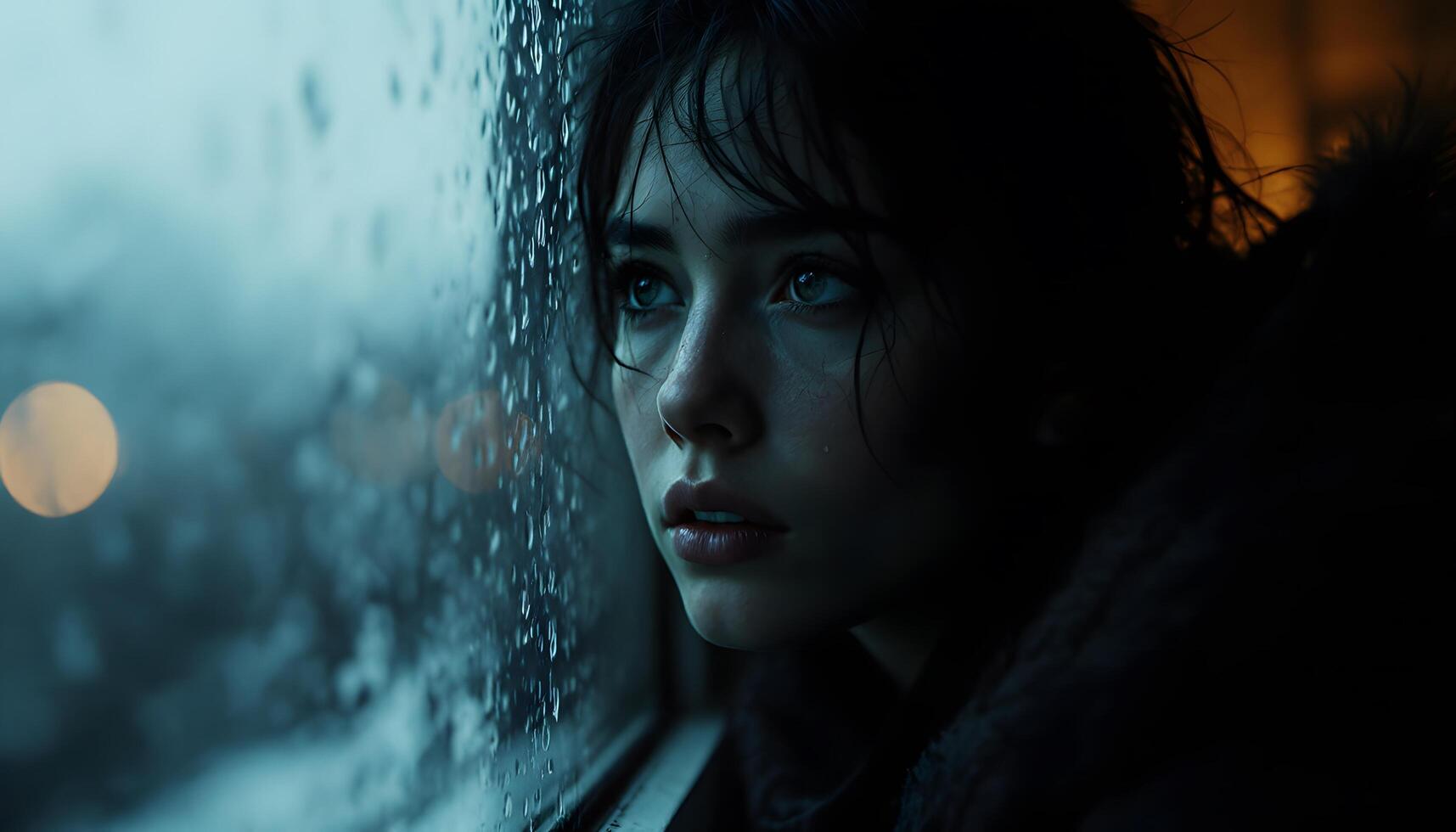 A melancholic woman gazes through a rain-streaked window, conveying solitude and introspection, suitable for emotional dramas, poetry illustrations or social media posts about longing Generated by AI photo