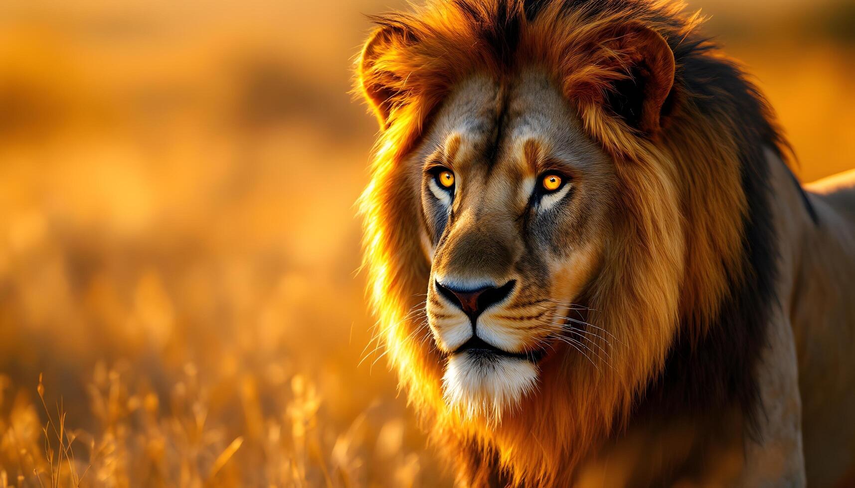 A majestic lion with a thick, tawny mane gazes into the distance, symbolizing strength and leadership, suitable for wildlife documentaries or motivational material Generated by AI photo