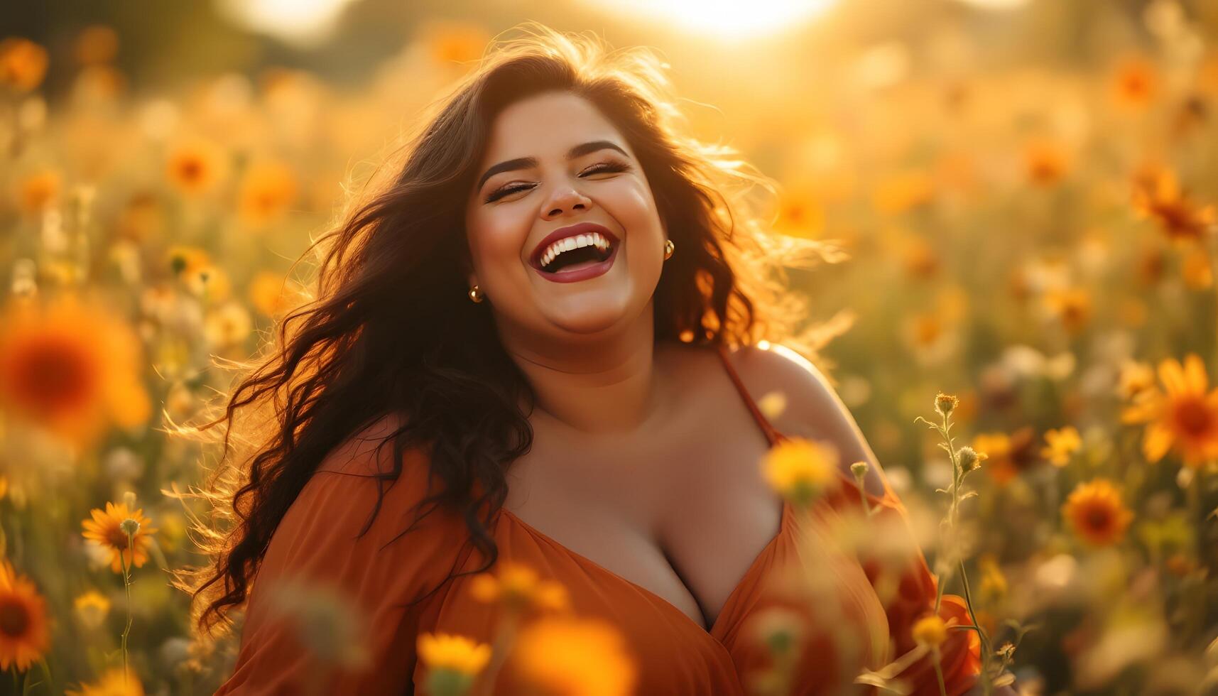 Radiant plus-size woman laughing in golden field, expressing joy and self-love, ideal for body positivity campaigns or lifestyle articles Generated by AI photo