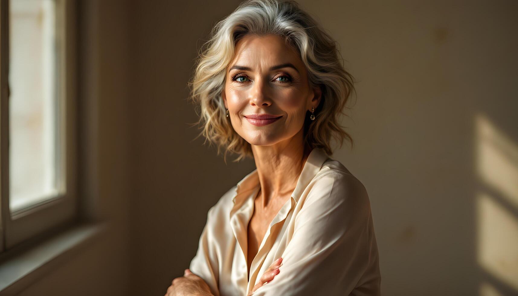 Elegant portrait of a mature woman with a confident gaze, conveying grace and wisdom - ideal for lifestyle, beauty, or inspirational content on website, magazine and social media Generated by AI photo