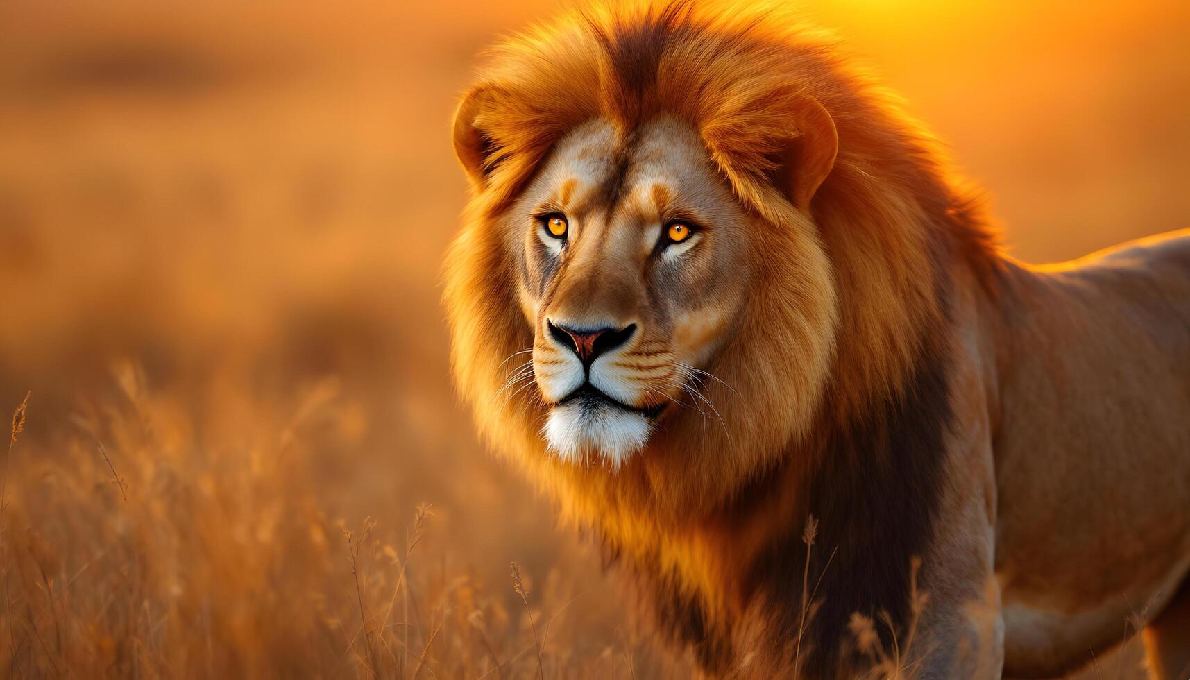A majestic male African lion with a thick mane and tawny coat, symbolizing strength and royalty, suitable for wildlife documentaries, conservation campaigns, and nature-themed marketing materials photo