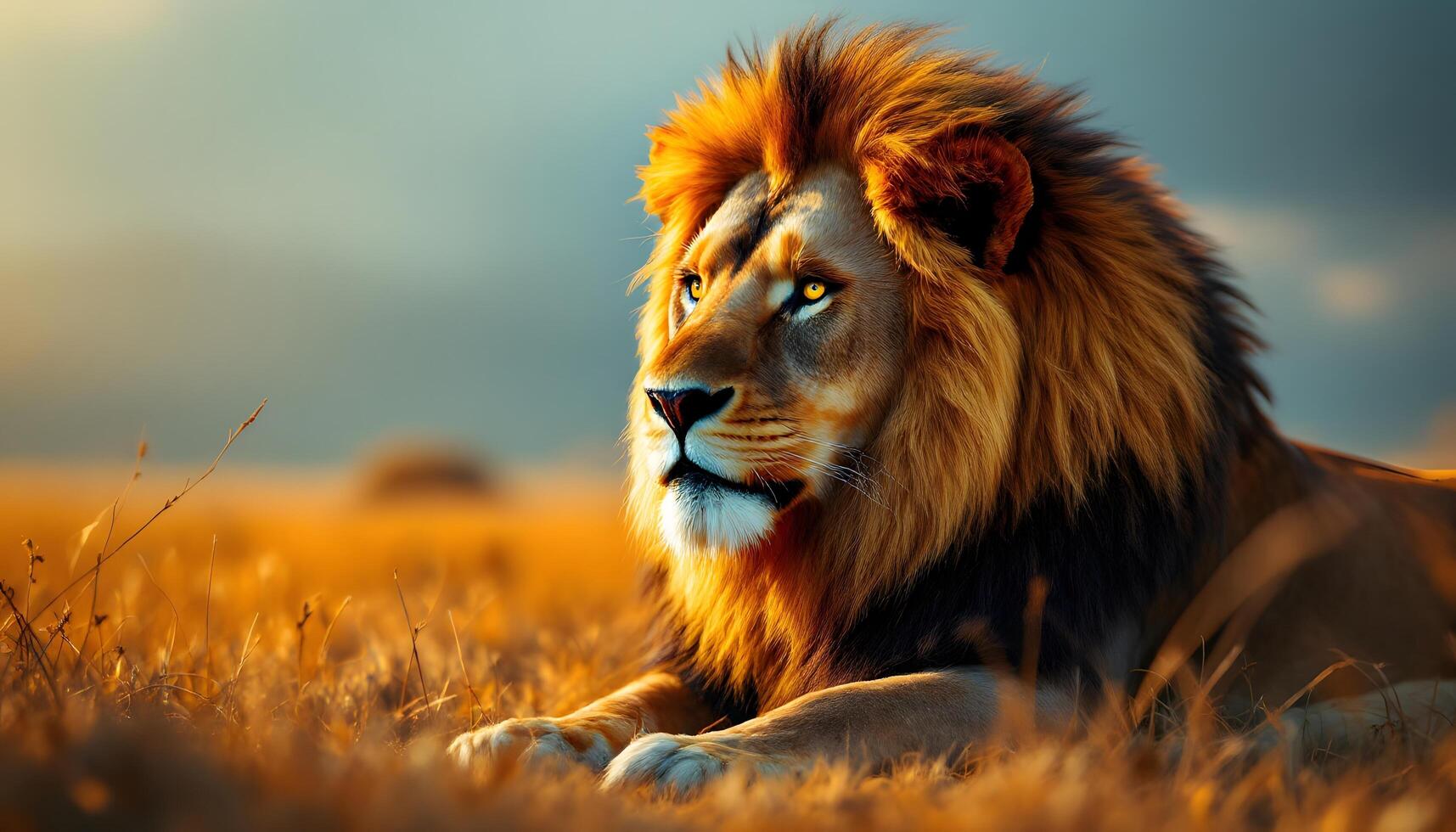 A majestic lion with a thick mane gazes powerfully, embodying strength and grace, suitable for wildlife documentaries, posters, or nature magazine articles Generated by AI photo