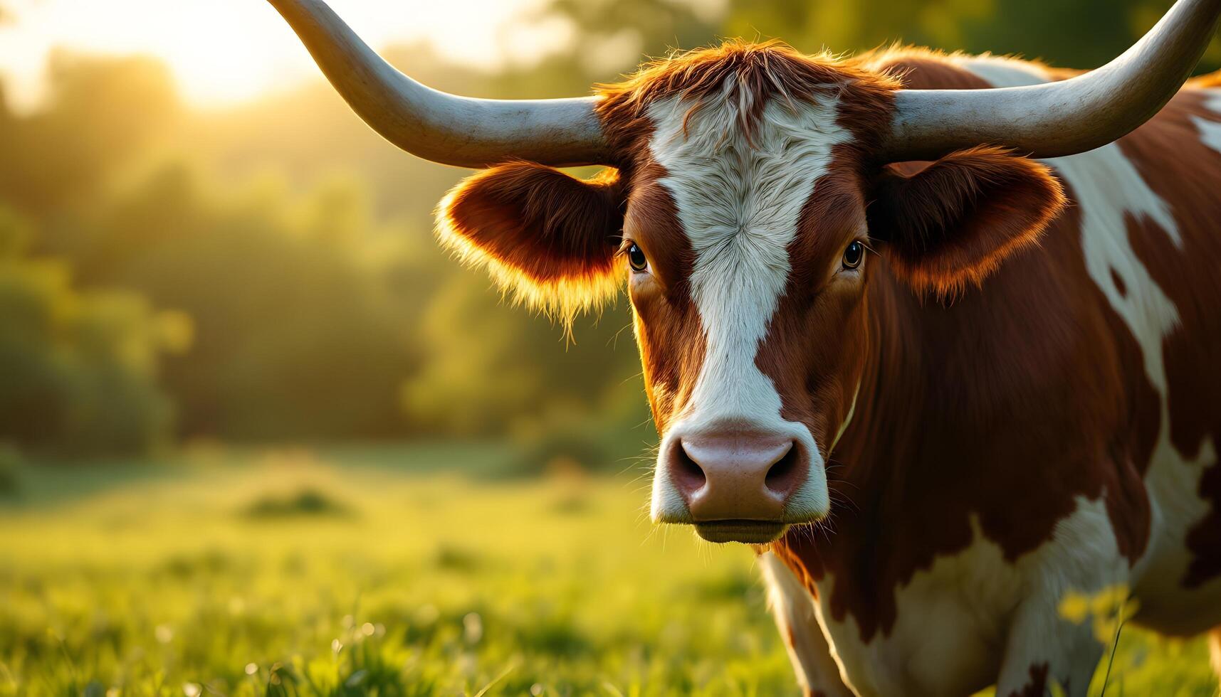 A majestic longhorn cow stands gracefully in a golden field, symbolizing the harmony of nature and rural life, suitable for agricultural publications and environmental campaigns. Generated by AI photo
