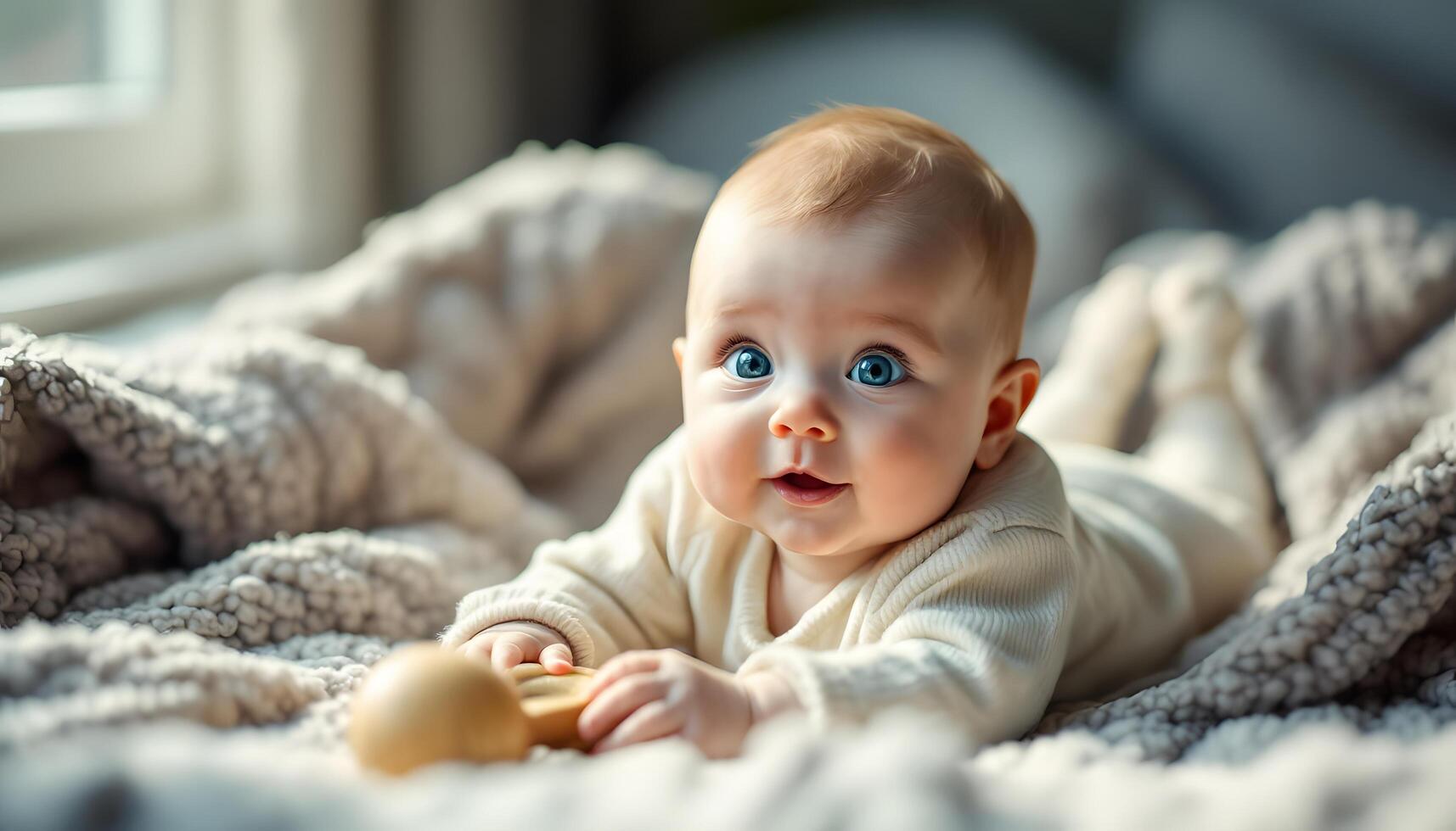 A cute chubby-cheeked baby boy with bright blue eyes, playing with a wooden toy on a soft blanket conveys innocence, joy and perfect for baby product ads, baby shower invitations and parenting blogs photo