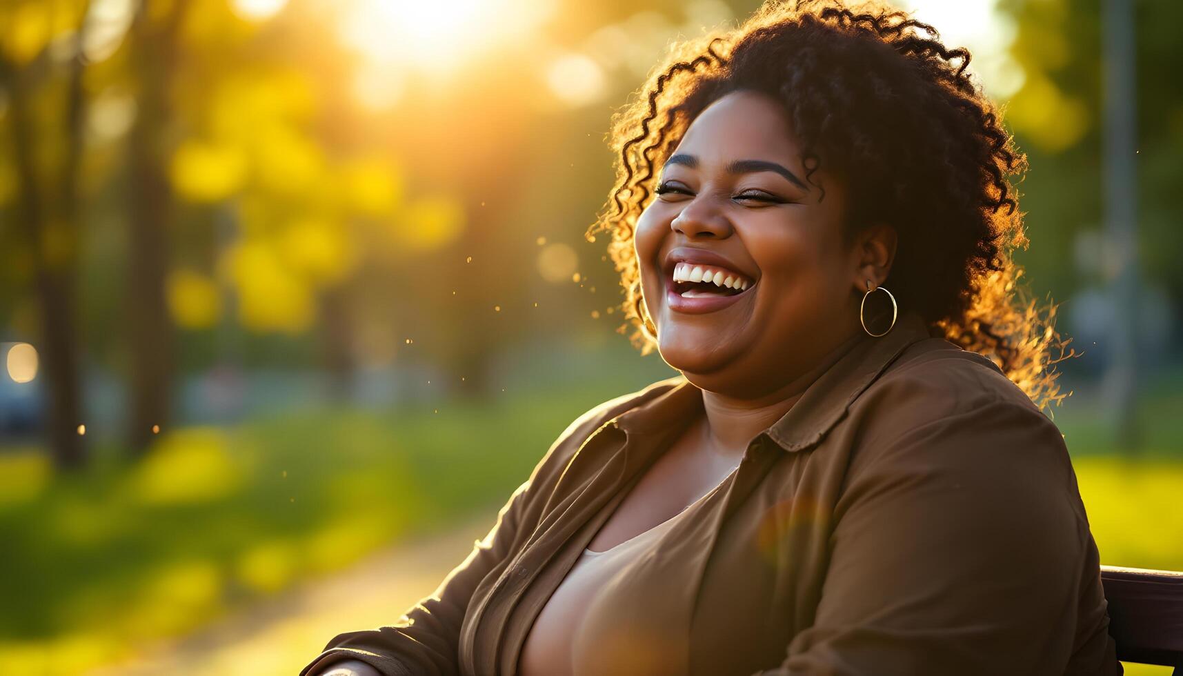 A joyful plus-size woman laughs in golden hour light, representing happiness and freedom, suitable for lifestyle, wellness or positive body image campaigns. Generated by AI photo