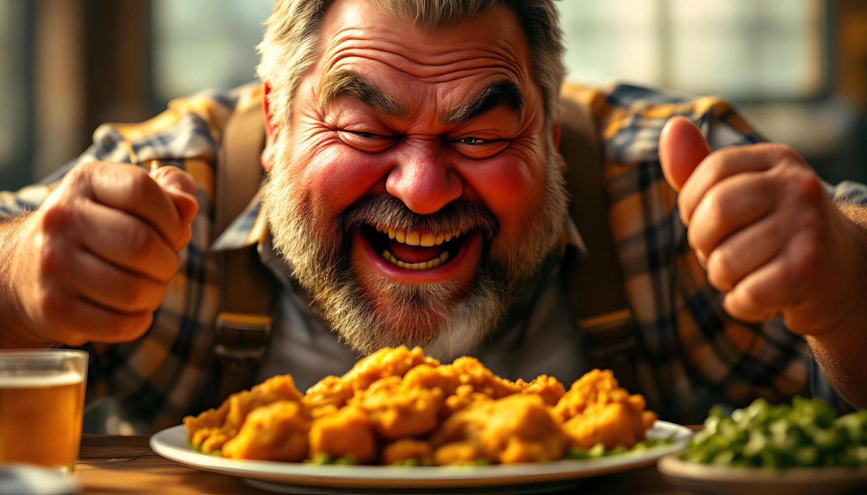 A joyful large man with rosy cheeks excitedly facing a plate of fried chicken, conveying pure delight, perfect for food blogs and restaurant promotions Generated by AI photo