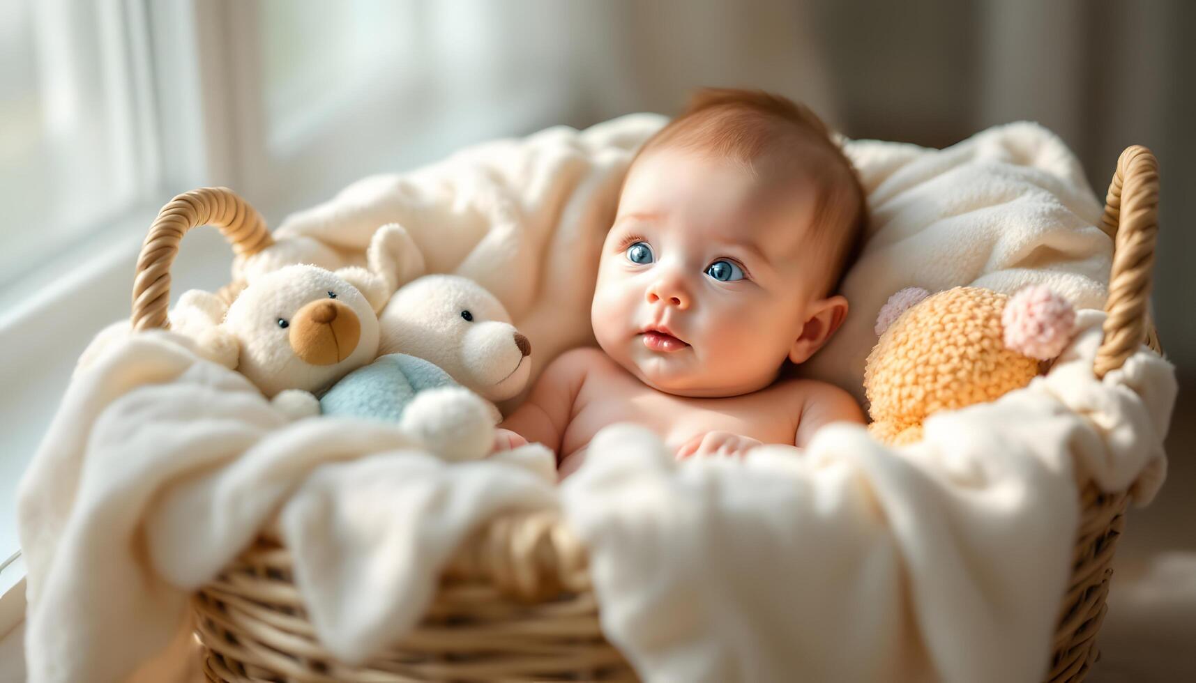 A six-month-old baby with rosy cheeks in a basket, symbolizing innocence and new beginnings, ideal for baby announcements or parenting blogs. Generated by AI photo