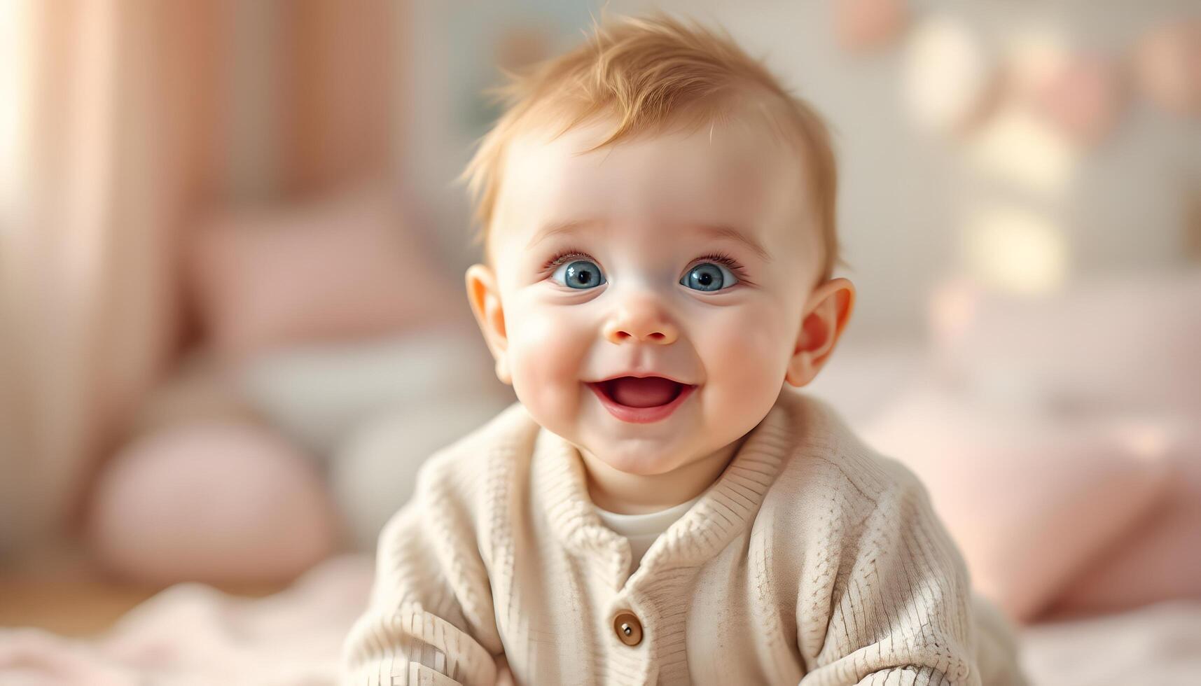 A smiling, cherubic baby boy with big blue eyes, radiates joy and innocence, ideal for baby product ads and family blog posts, children's health media. Generated by AI photo