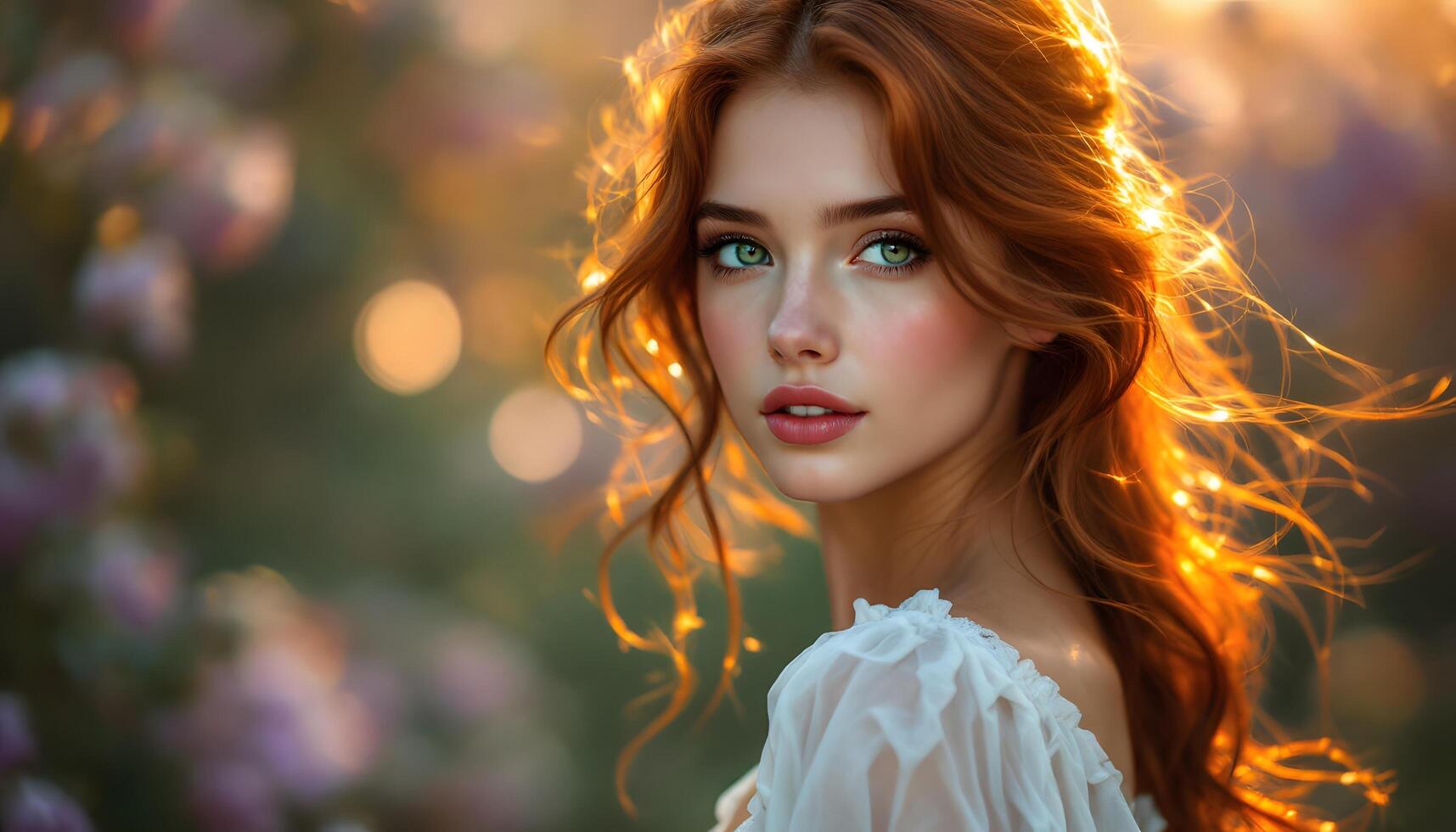 Radiant redhead beauty with an ethereal glow - conveys natural elegance and charm - ideal for beauty ads, fashion magazines, and fairytale promotions Generated by AI photo