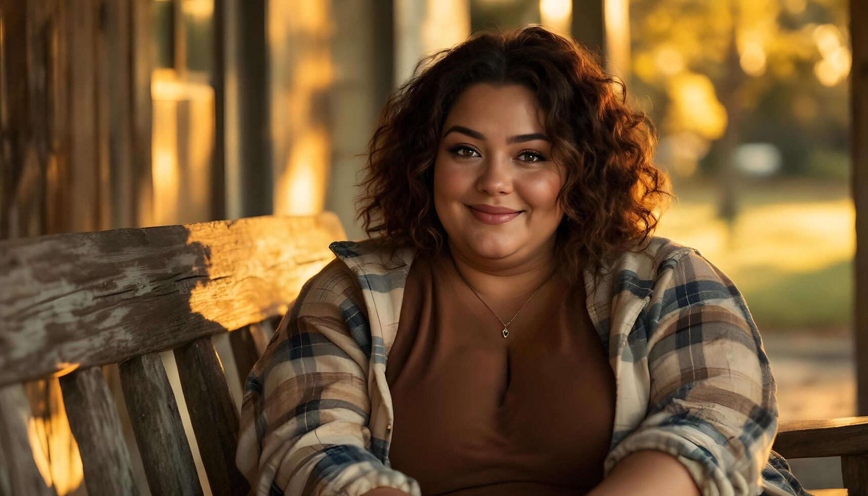 A smiling plus-size woman with curly hair radiates warmth and kindness during sunset, conveys joy and natural beauty - suitable for lifestyle blogs and inclusive ad campaigns. Generated by AI photo