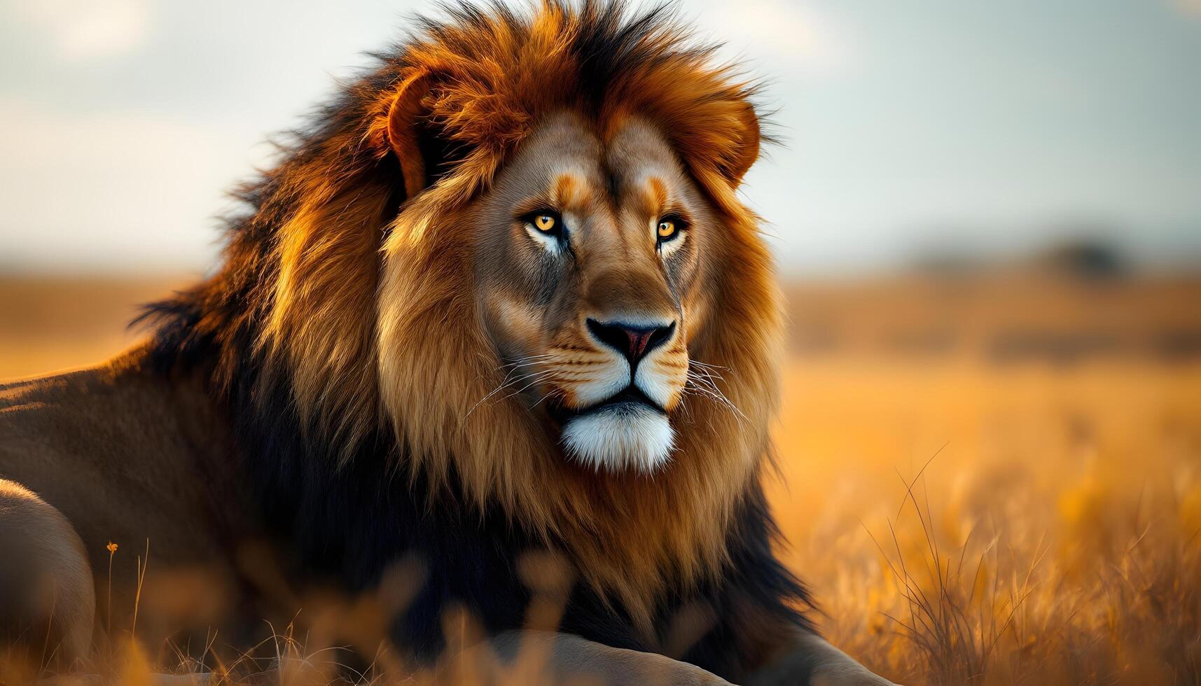 A majestic male lion with a thick, tawny mane embodies strength and nobility, suitable for nature documentaries and conservation campaigns, and wildlife prints. Generated by AI photo