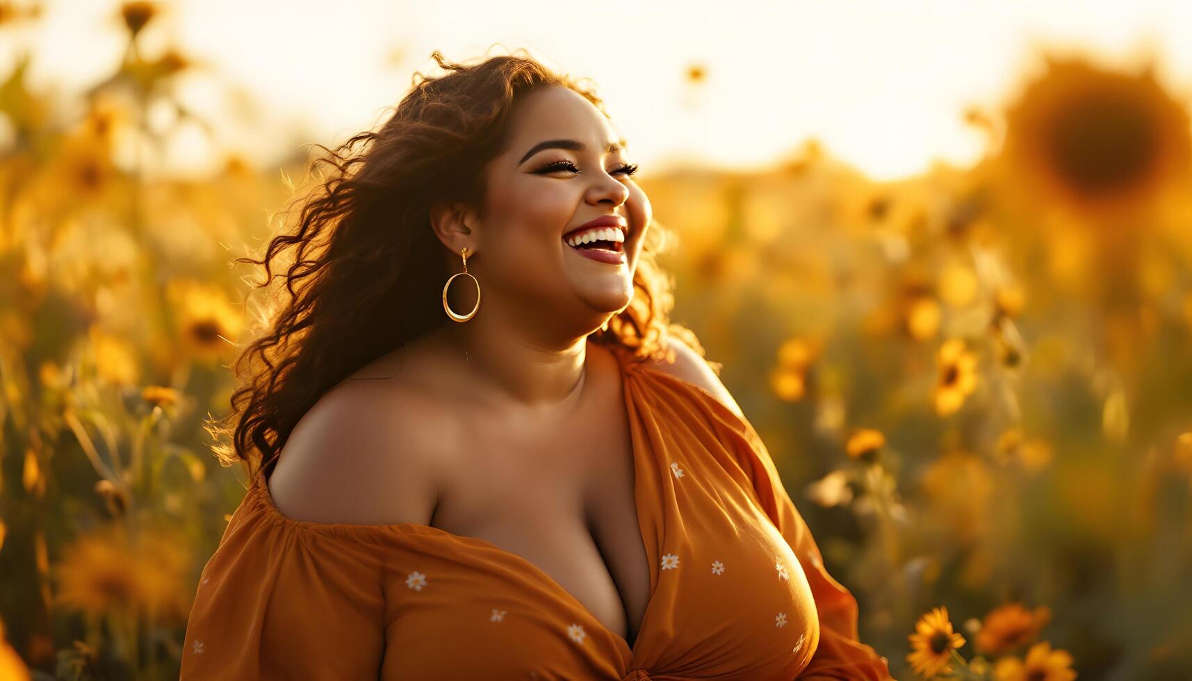 A plus-size woman joyfully laughs in a field of sunflowers, representing self-love and body positivity, suitable for social media and wellness campaigns Generated by AI photo