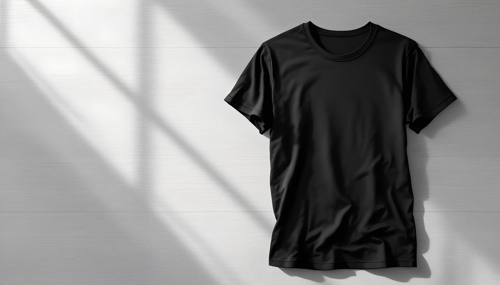 A realistic black t-shirt mockup displayed on a white wooden surface with a gentle shadow, representing simplicity and versatility, perfect for apparel design presentations and online stores photo