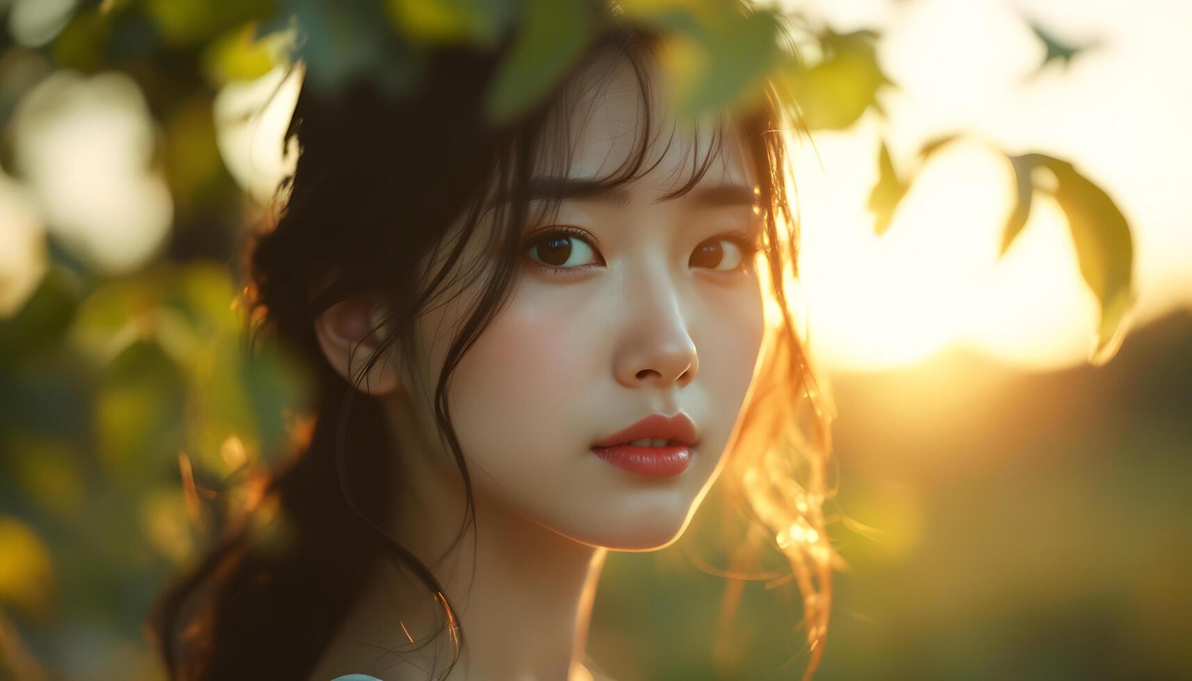 A young Asian woman portrait with sunset glow, evokes natural beauty and peacefulness - perfect for fashion, beauty or lifestyle campaigns Generated by AI photo