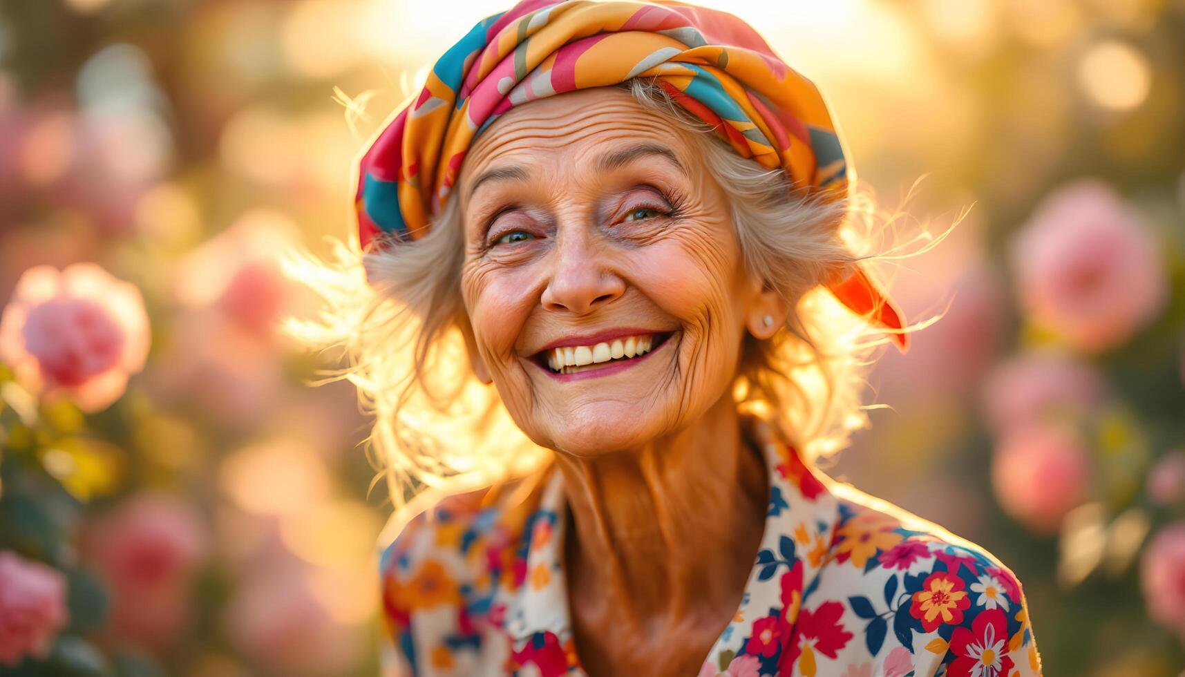 A cheerful elderly woman smiles brightly amidst blooming roses, conveying joy and vitality - perfect for wellness campaigns, lifestyle magazines, and family-focused events Generated by AI photo