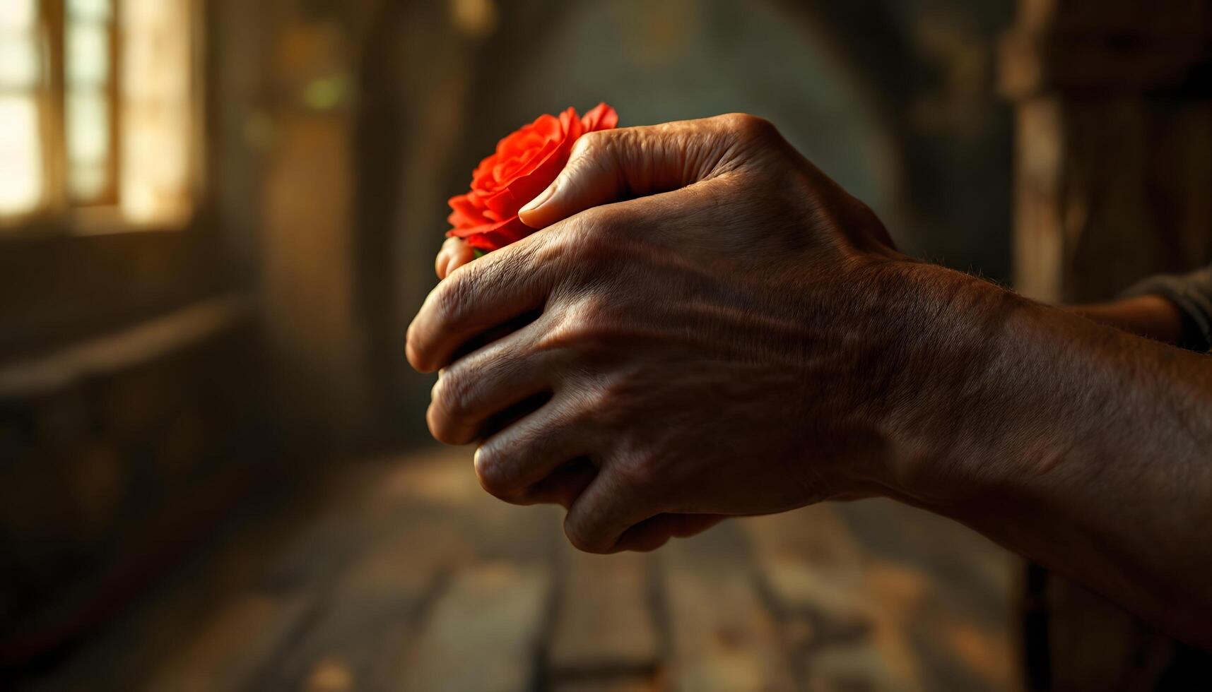 Detailed hands carefully hold a vibrant red rose, a symbol of tenderness - Generated using AI photo