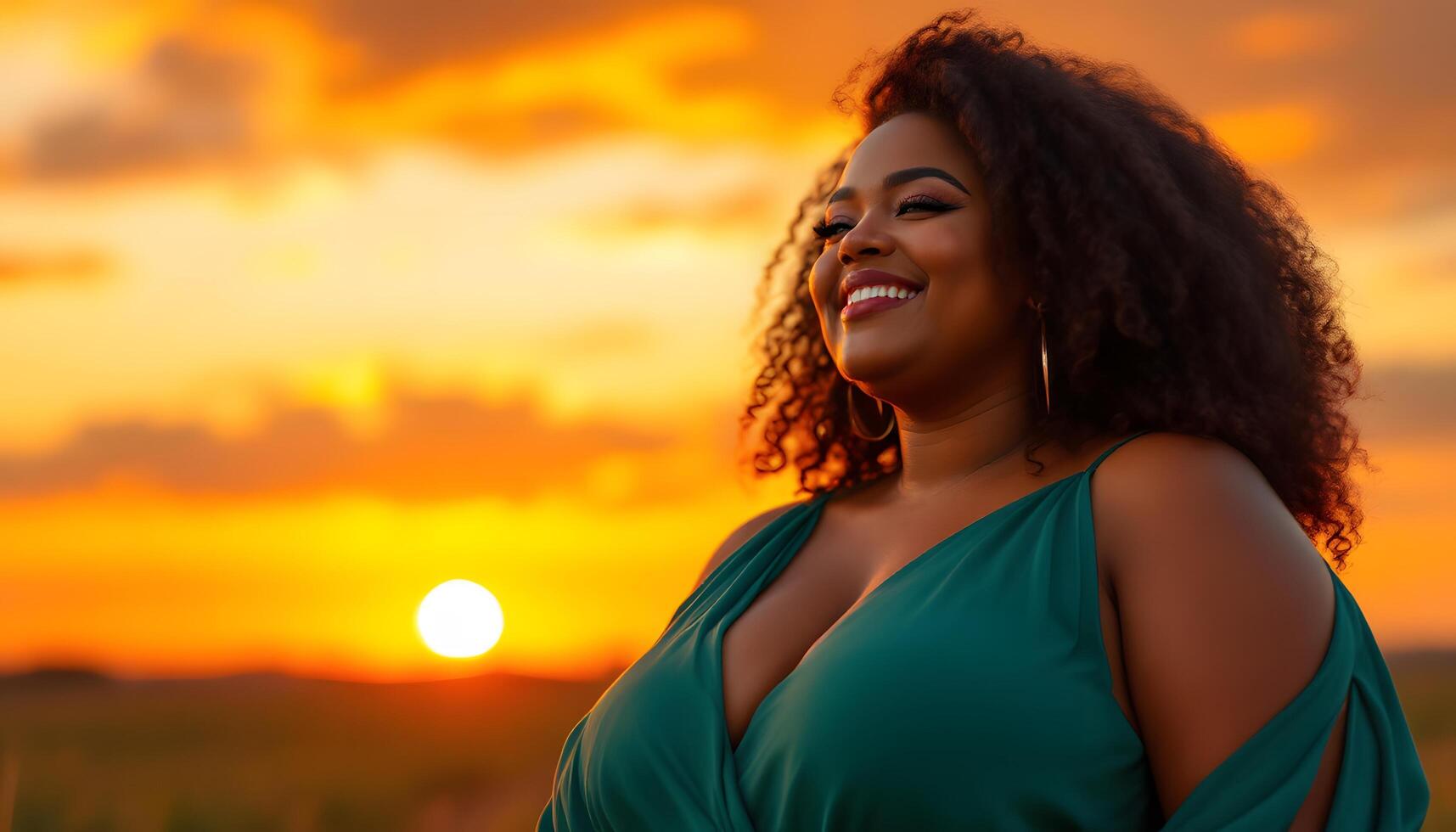 A portrait of a confident plus-size Black woman smiling against a vibrant sunset, showcasing her radiant skin - Generated using AI photo