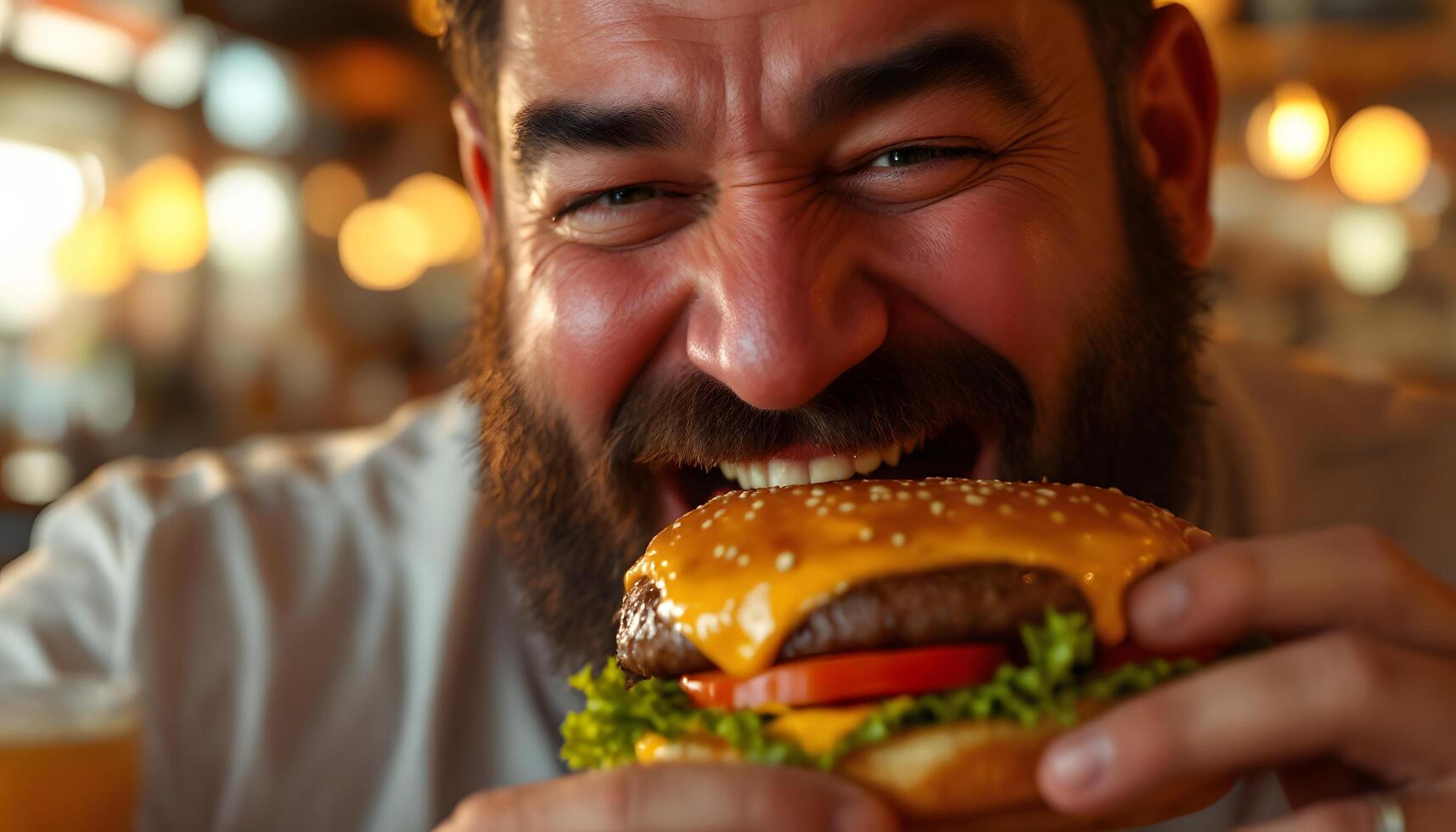 Close-up of a man with a beard joyfully devouring a large burger in a restaurant - Generated using AI photo