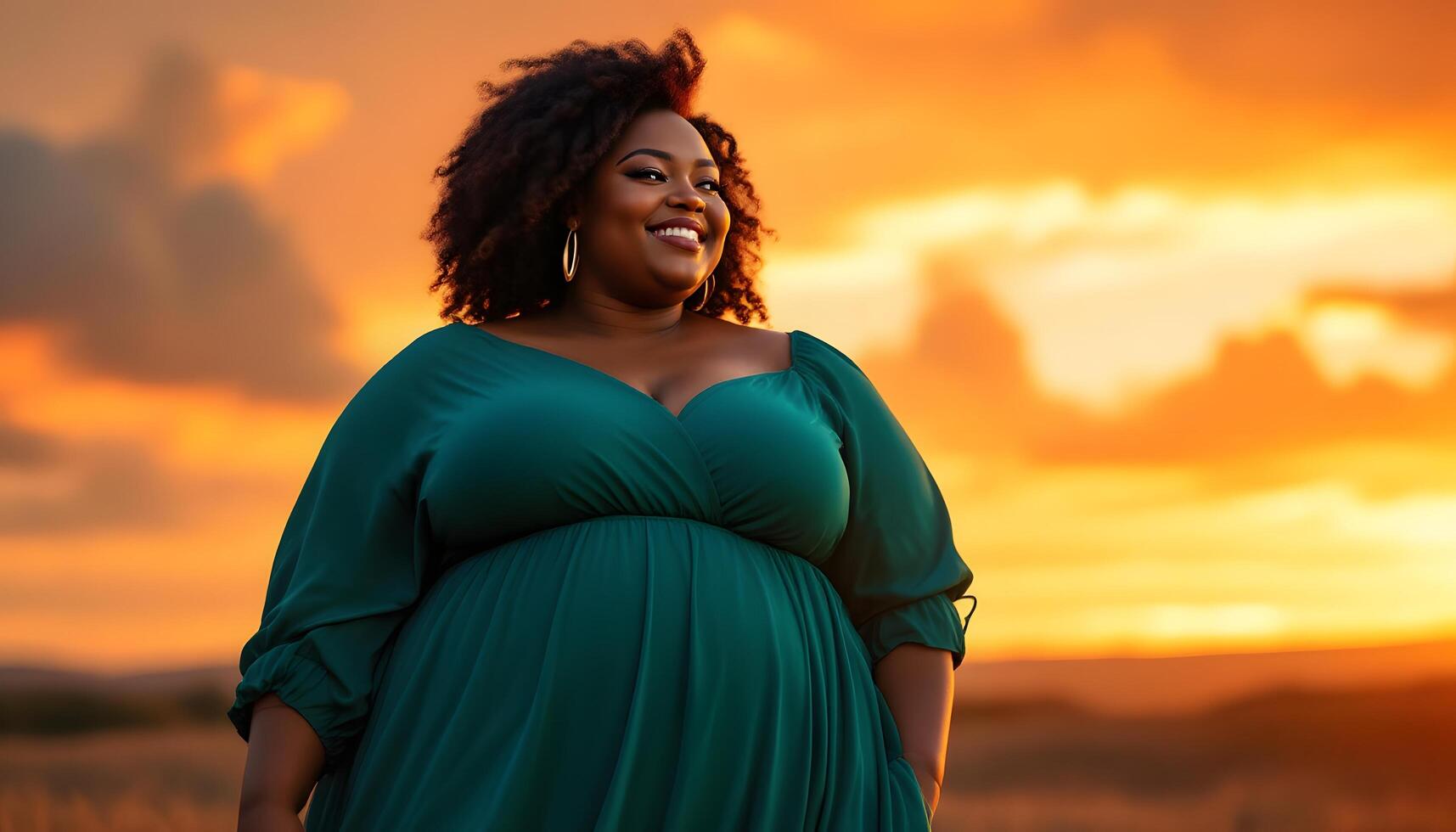 A confident plus-size black woman with radiant skin smiles against a vibrant sunset backdrop - Generated using AI photo