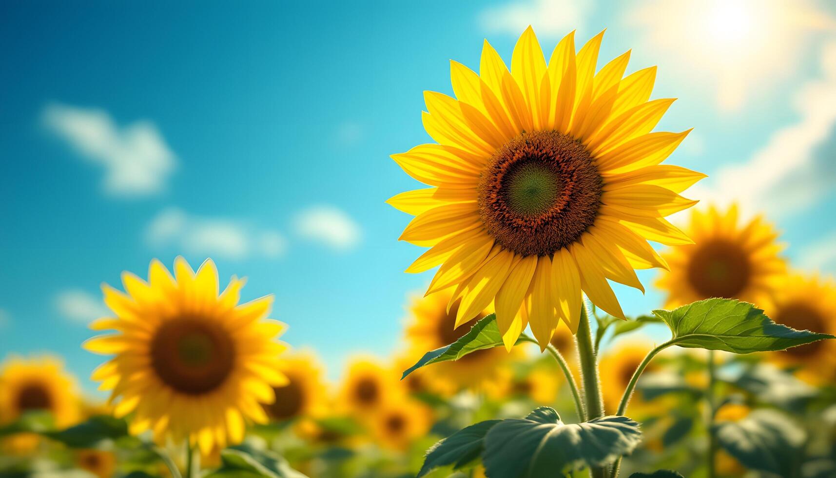 A vibrant sunflower field under a clear blue sky, bathed in sunlight - Generated using AI photo
