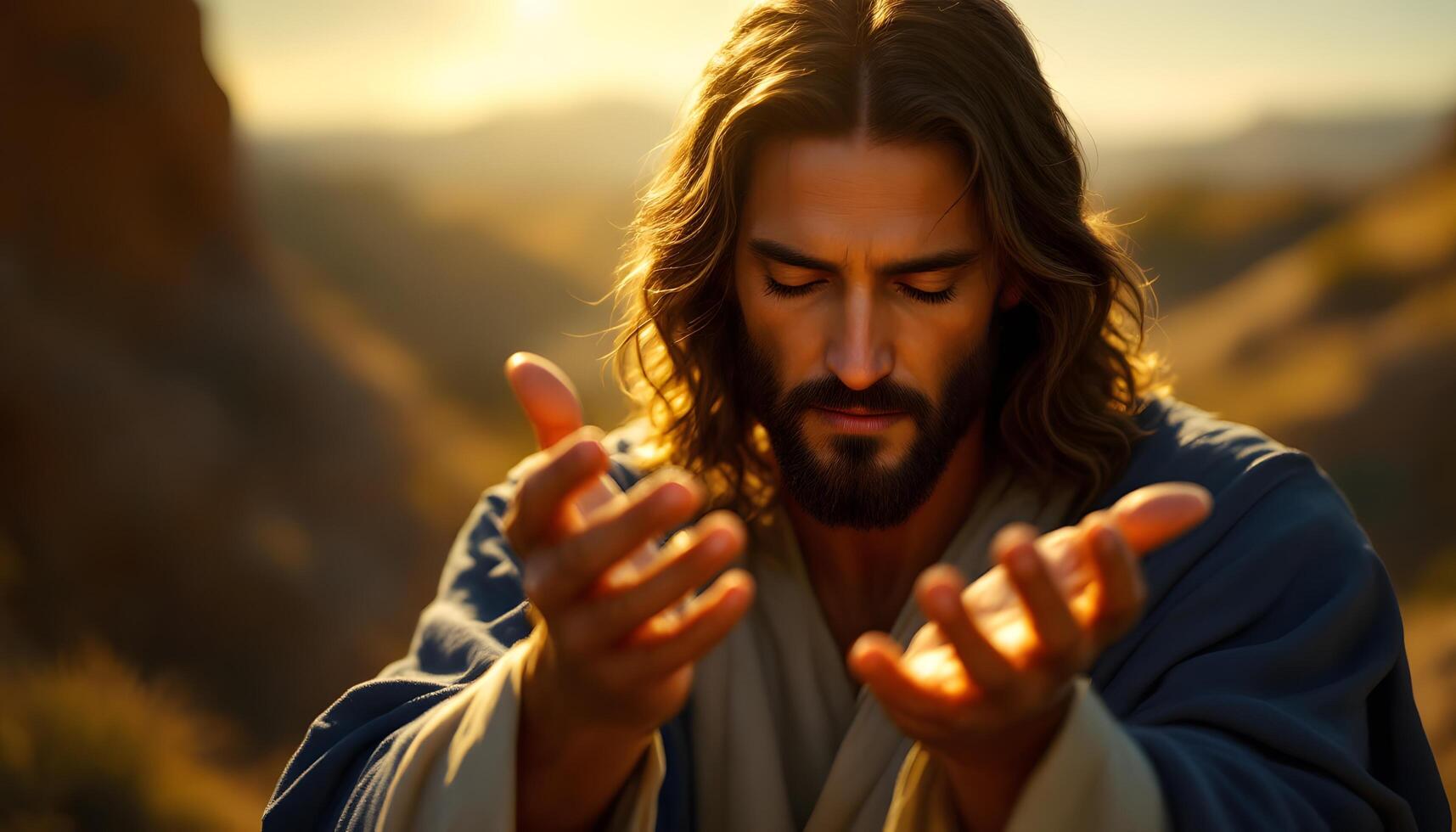 A hyperrealistic digital photo of Jesus Christ with hands outstretched in prayer - Generated using AI