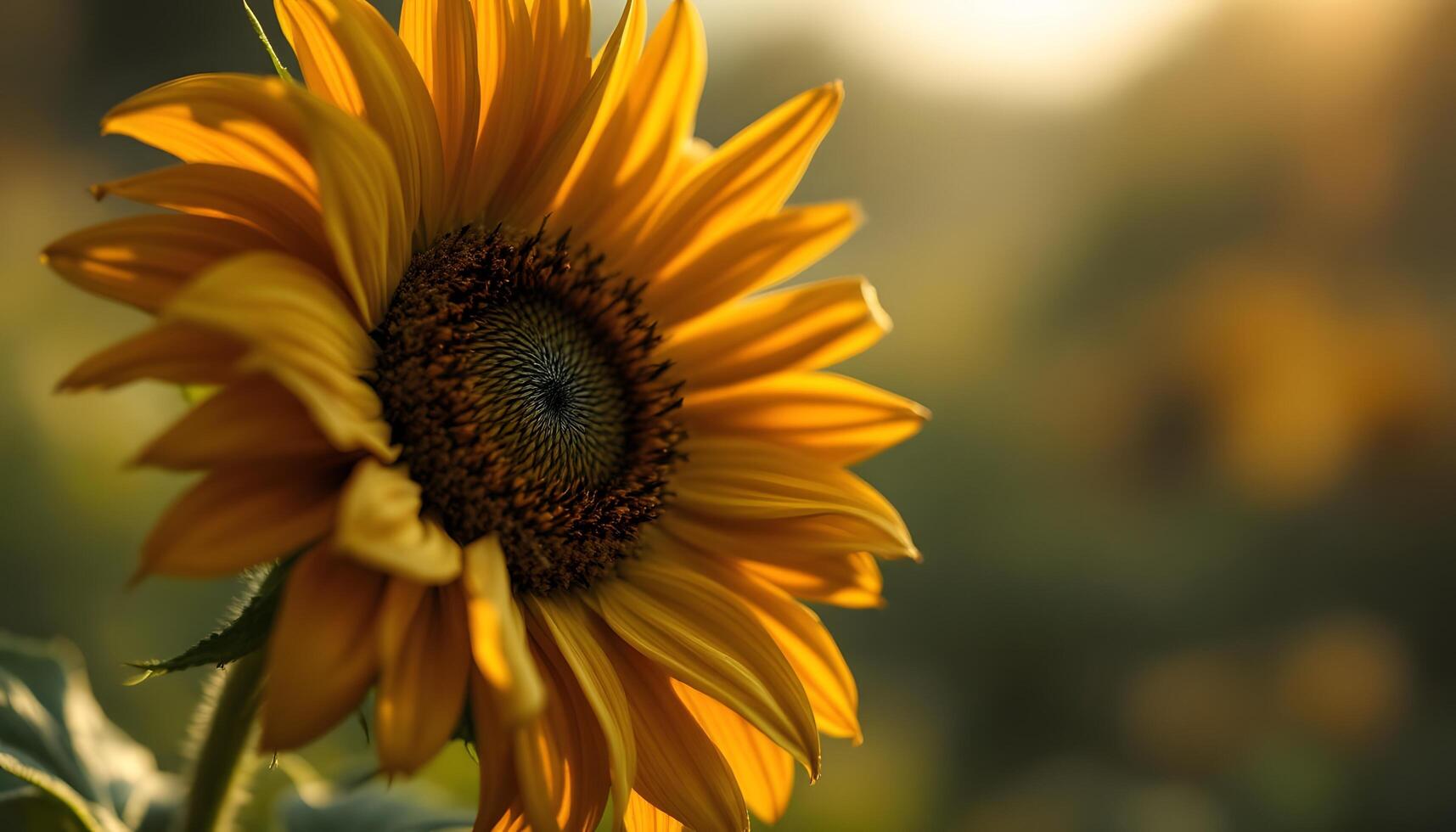 A hyperrealistic close-up captures a single wilting sunflower in golden light - Generated using AI photo