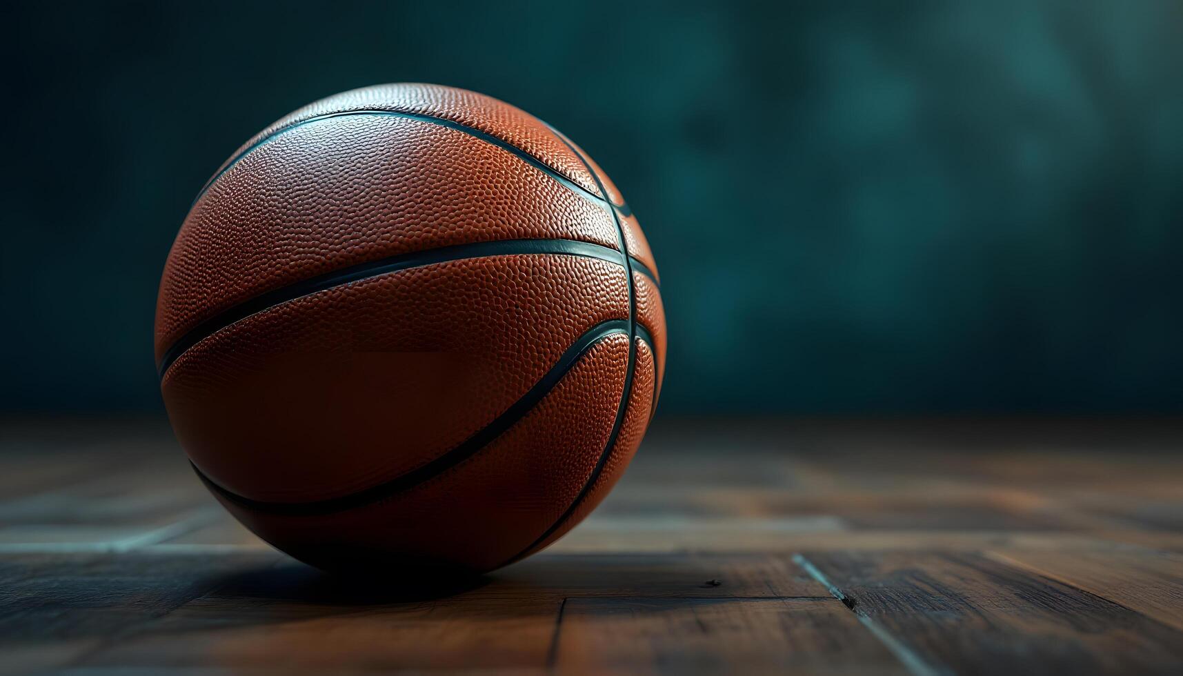 Close-up of a basketball on wooden floor, showing the texture and details of the worn leather - Generated using AI photo