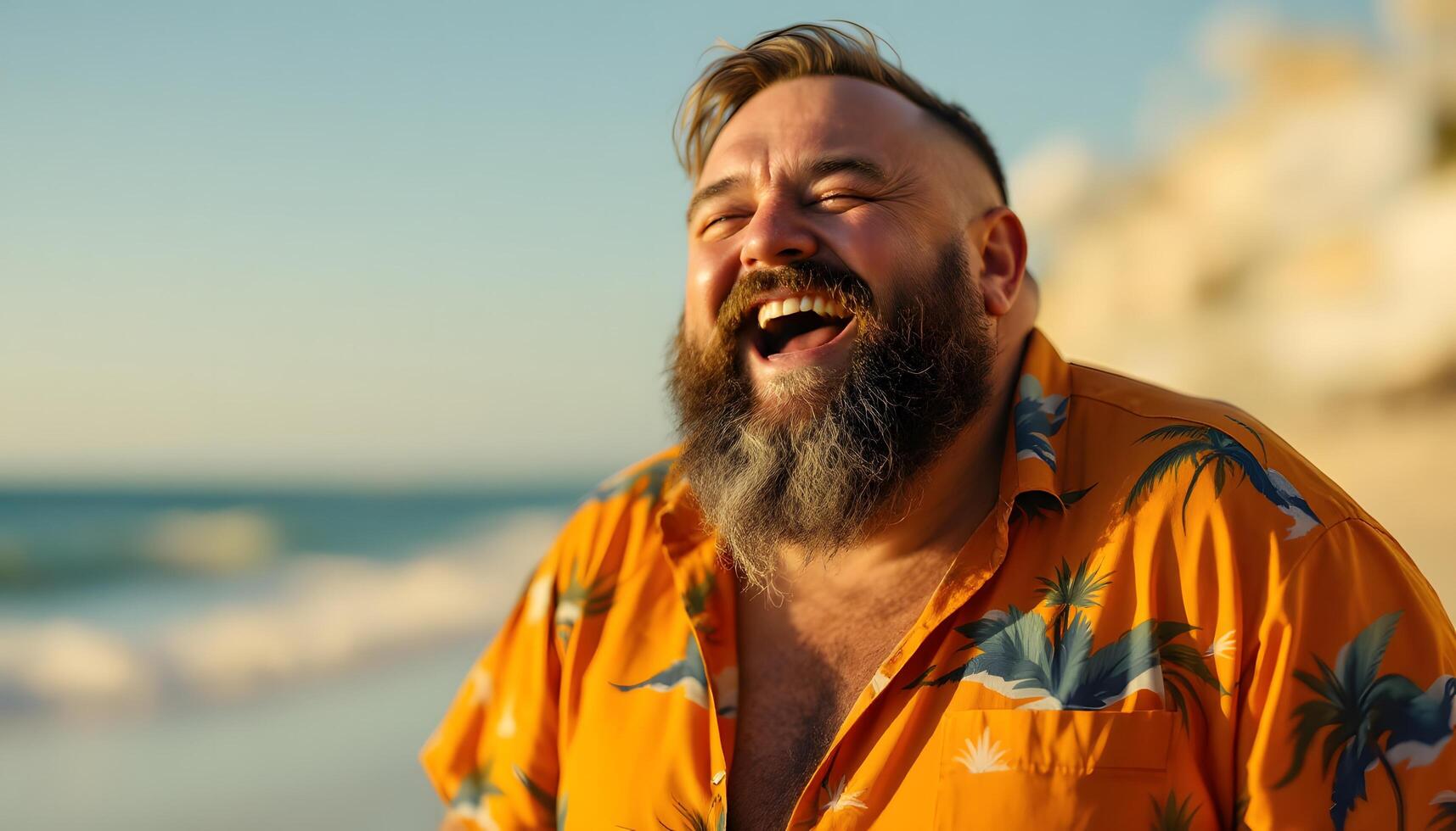 A joyful overweight man in his mid-40s with a full beard laughing heartily at the beach - Generated using AI photo