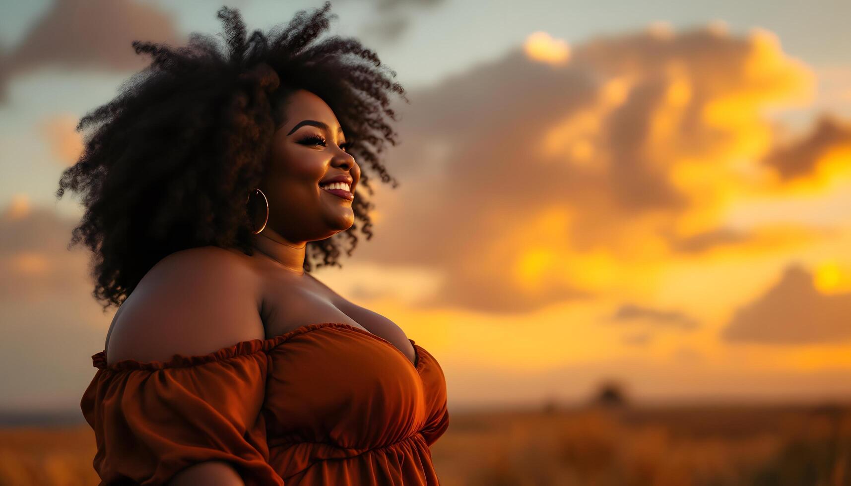 A radiant plus-size black woman smiles confidently against a stunning sunset backdrop - Generated using AI photo