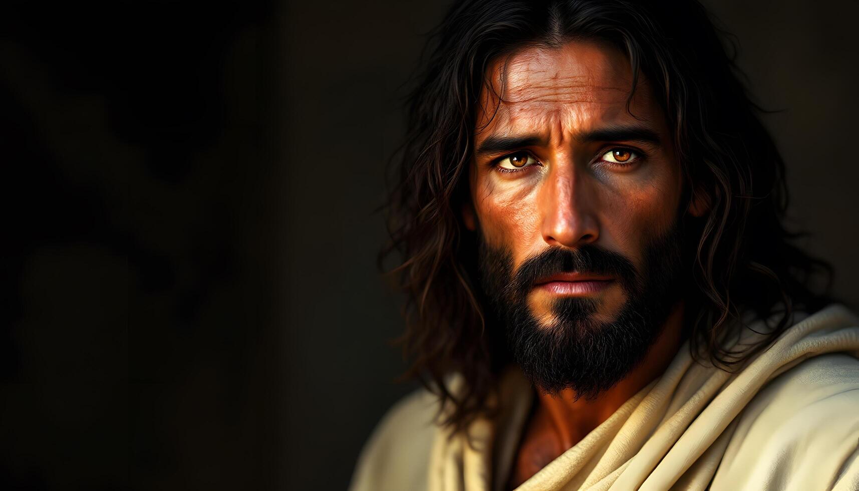 A close up hyperrealistic portrait of Jesus with weathered skin, intense gaze, and dark hair - Generated using AI photo