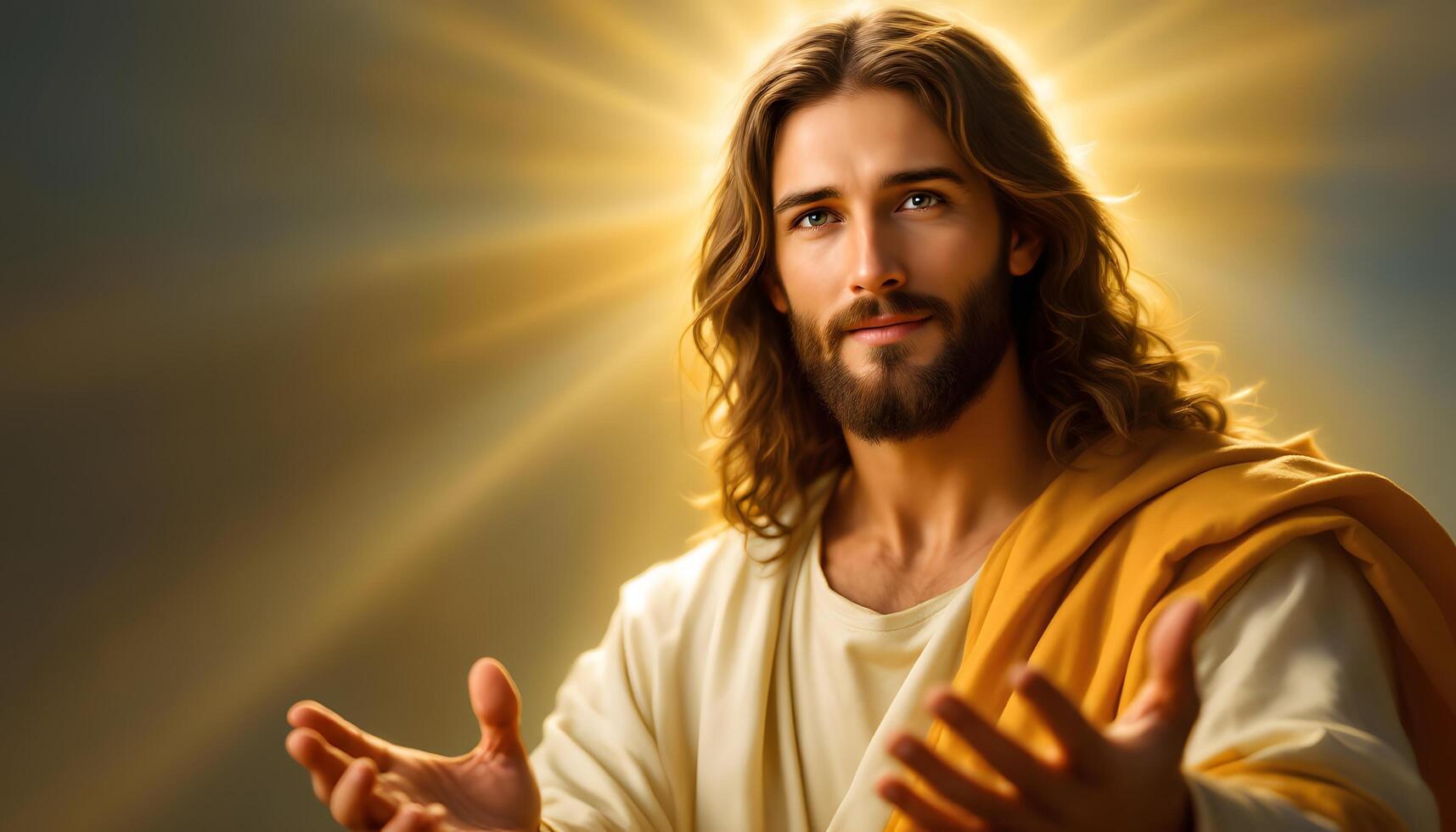 A hyperrealistic and radiant portrait of Jesus with open arms, bathed in golden light - Generated using AI photo
