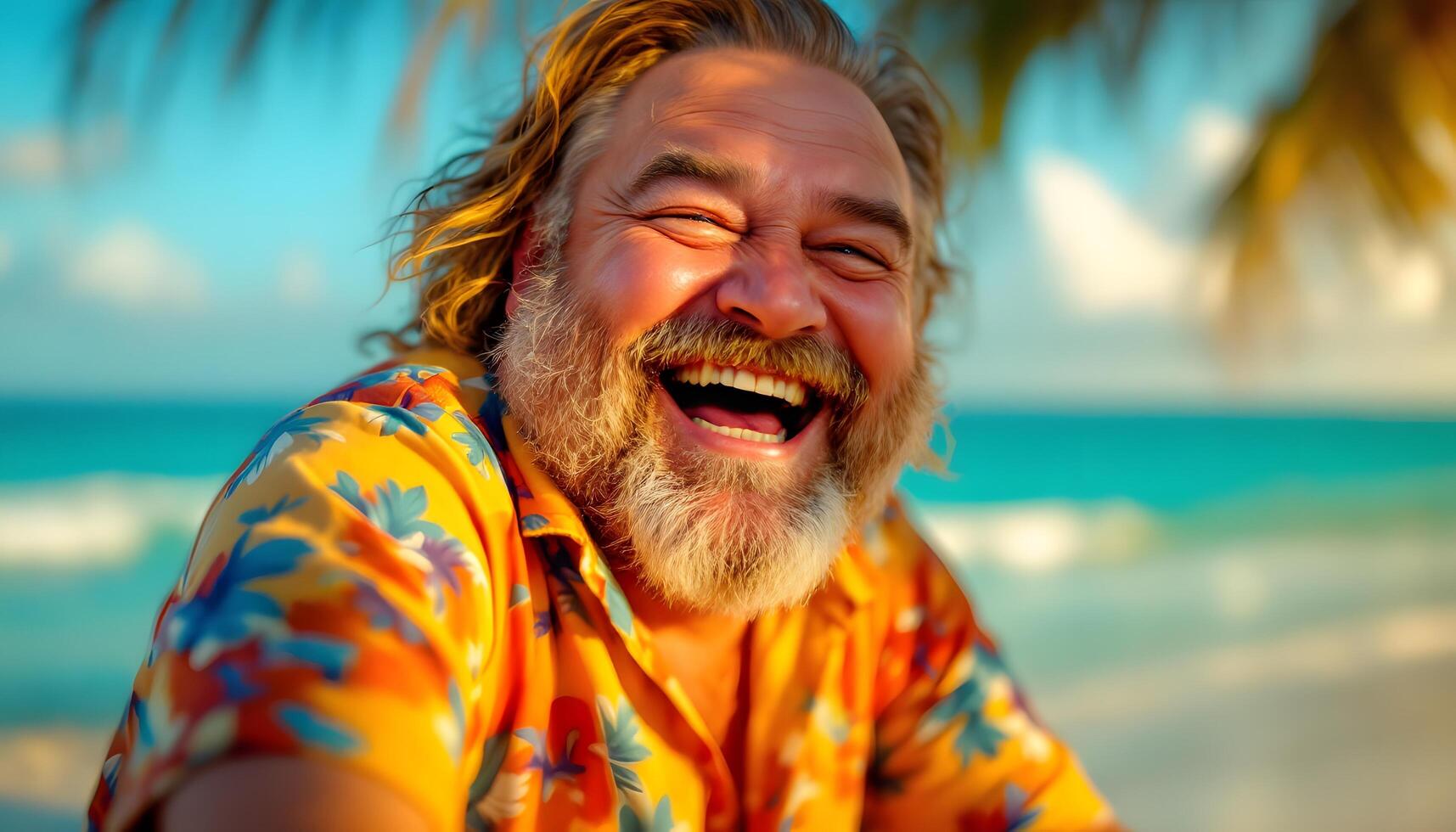 A cheerful overweight man in his mid-40s with a full beard laughing on a tropical beach - Generated using AI photo