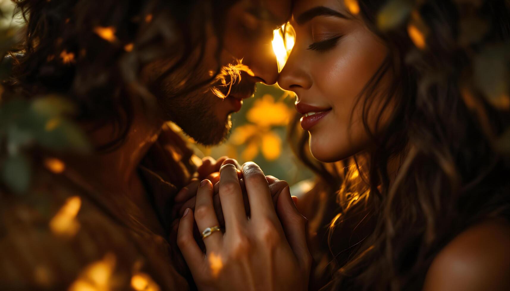 A hyperrealistic close-up portrait of a loving couple embracing in golden light - Generated using AI photo