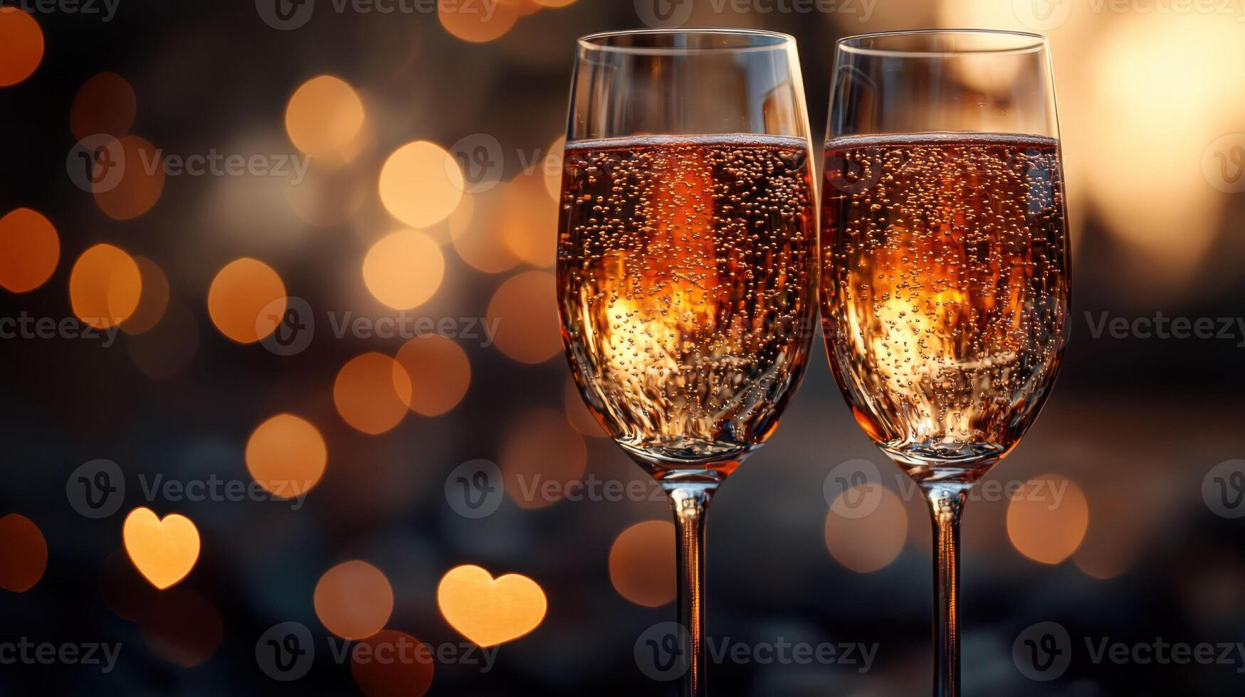 Two wine glasses clinking with sparkling bubbles and heart shaped bokeh photo