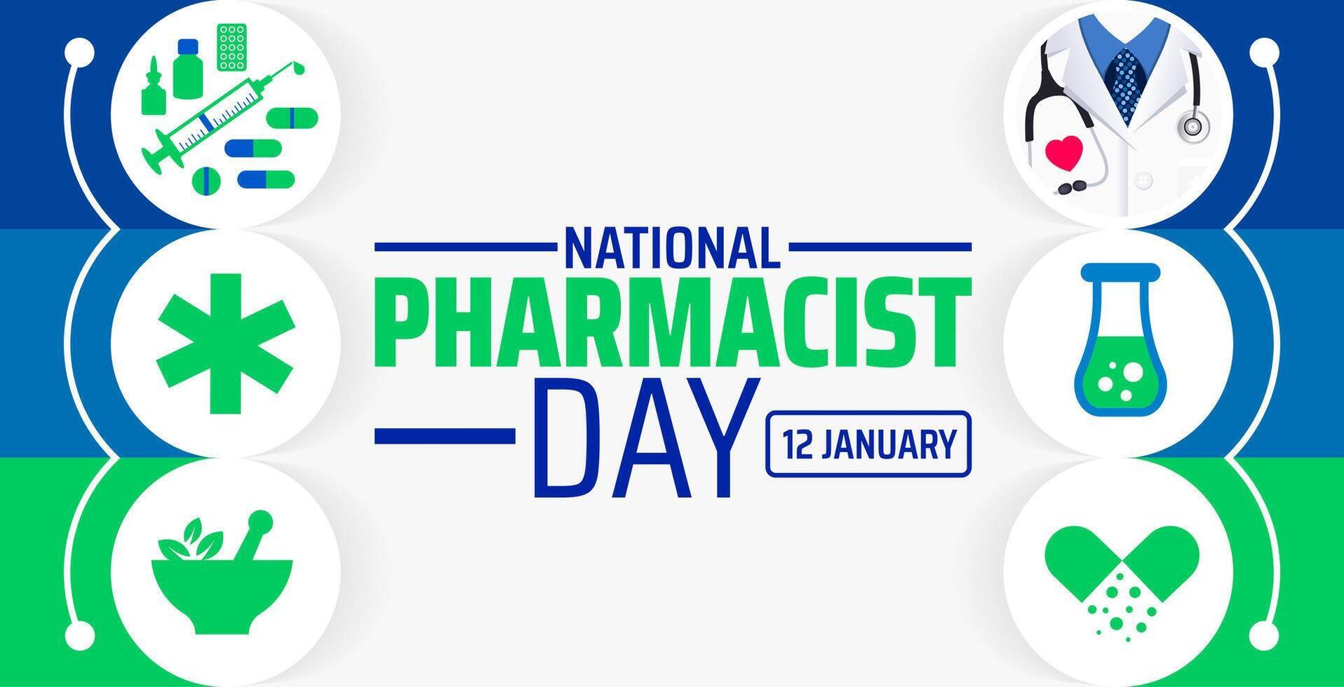 National Pharmacist day background banner or poster design template. observed every year in January. Holiday concept. with green and blue color. vector