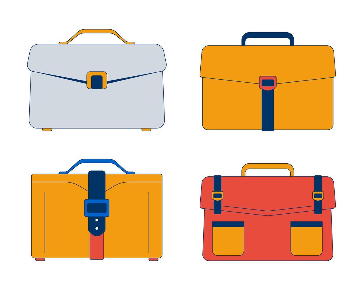 Four briefcases for professionals 2D cartoon objects set. Business accessories. Workplace essentials isolated elements flat cliparts on white background. Spot illustrations collection vector