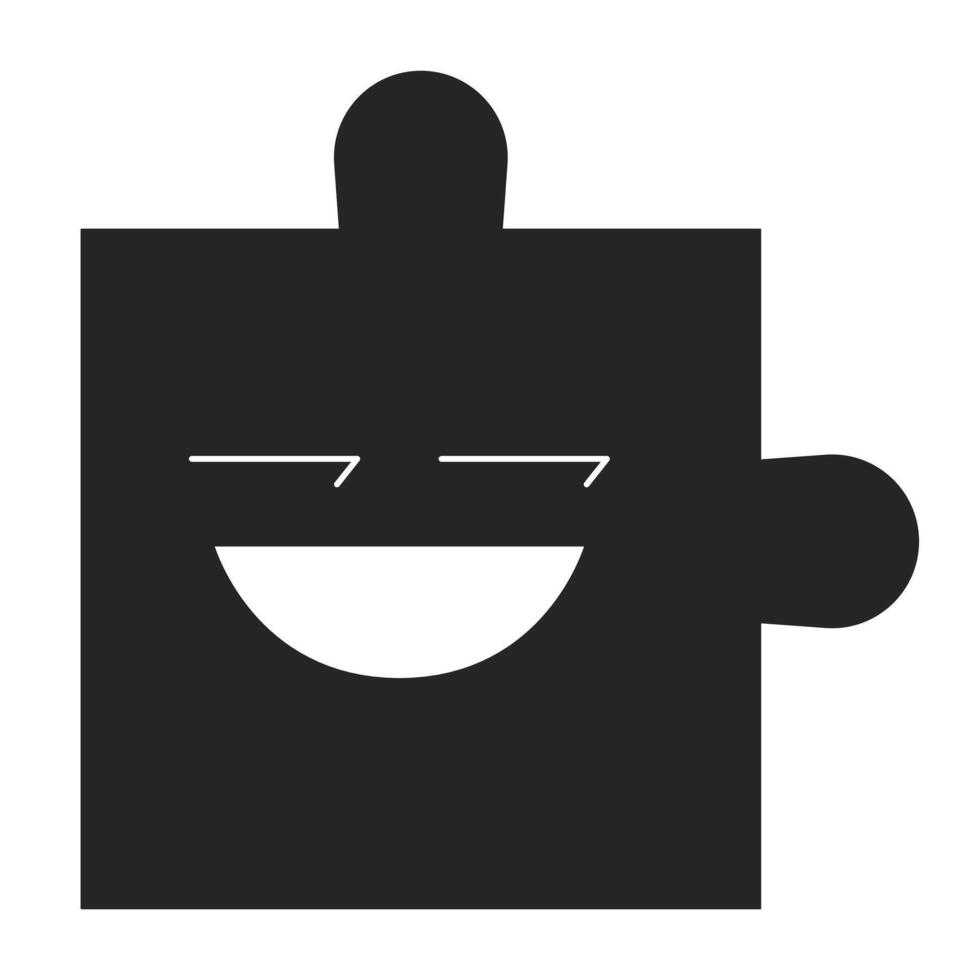 Puzzle piece with playful face black and white 2D line object. Psychology personality. Flirting teasing. Facial expression jigsaw isolated clip art outline item. Monochromatic spot illustration vector