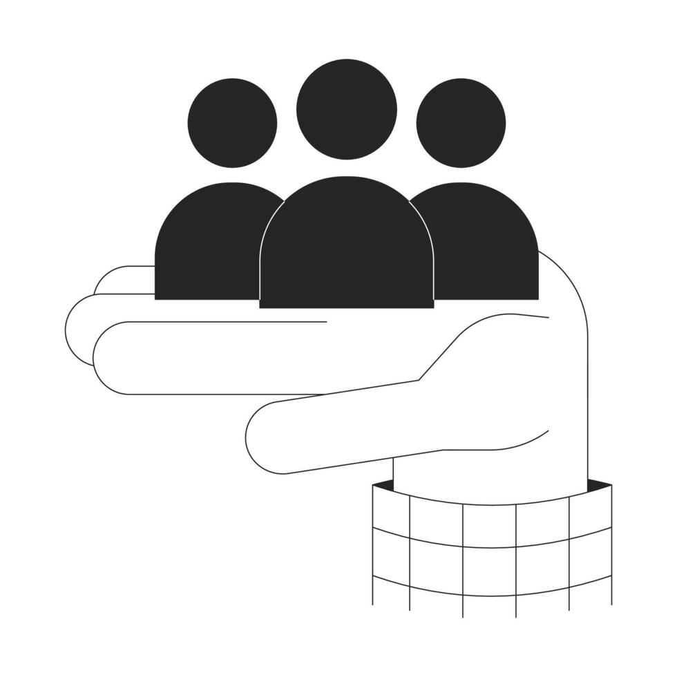 Hand holding three symbolic human figures outline illustration. Supporting teamwork, leadership. Team management isolated 2D image black and white. Monochromatic drawing clip art vector