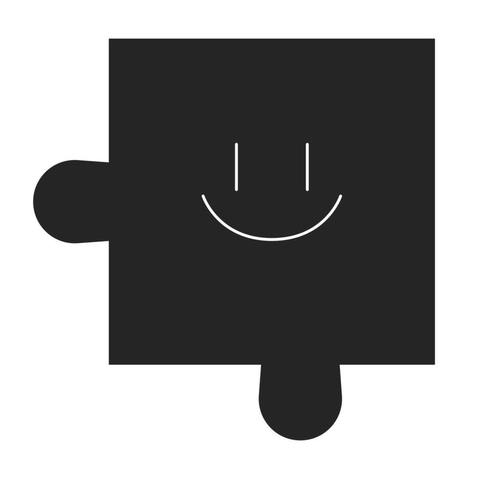 Puzzle piece with happy face black and white 2D line object. Psychology personality character smile. Facial expression jigsaw isolated clip art outline item. Monochromatic spot illustration vector