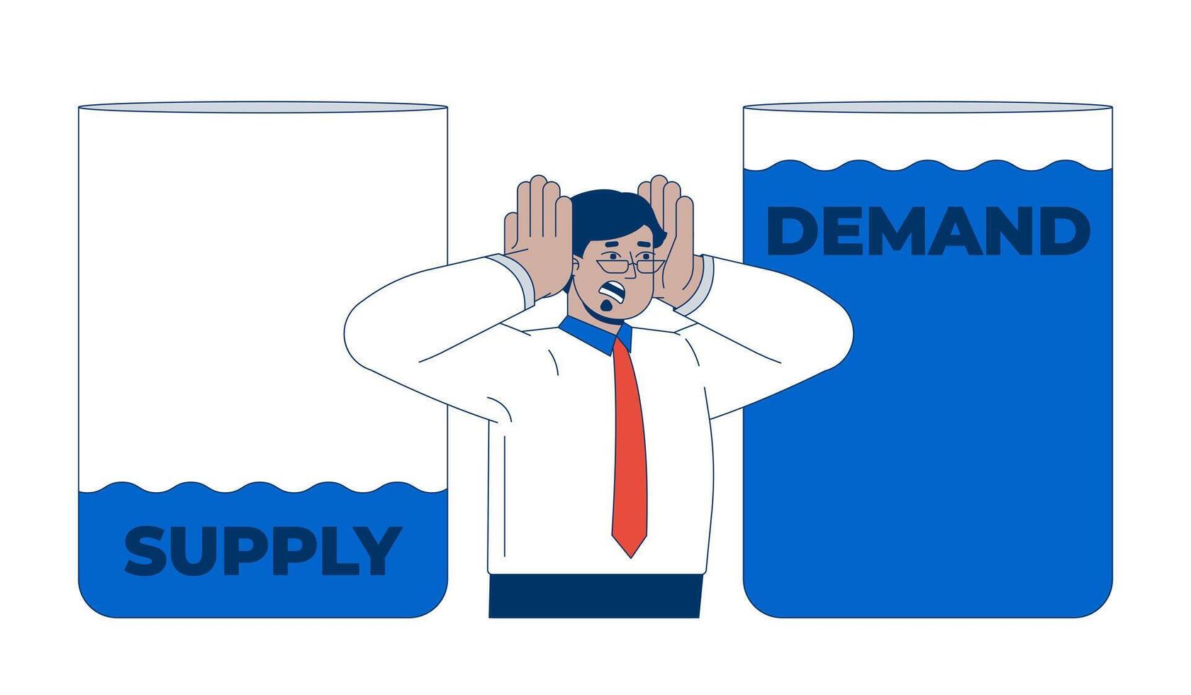 Water supply and demand crisis 2D illustration concept. Resource scarcity issue. Professional man stressed about imbalance cartoon character isolated on white. Metaphor abstract flat graphic vector