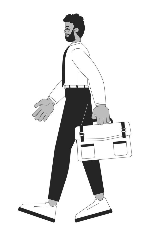 African american businessman walking confidently with briefcase black and white 2D line character. Professional black man in shirt tie isolated outline person. Monochromatic spot illustration vector