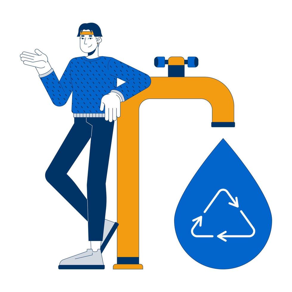 Water recycling system 2D illustration concept. Eco-friendly plumbing. Asian man standing next to faucet tap and waterdrop cartoon character isolated on white. Metaphor abstract flat graphic vector