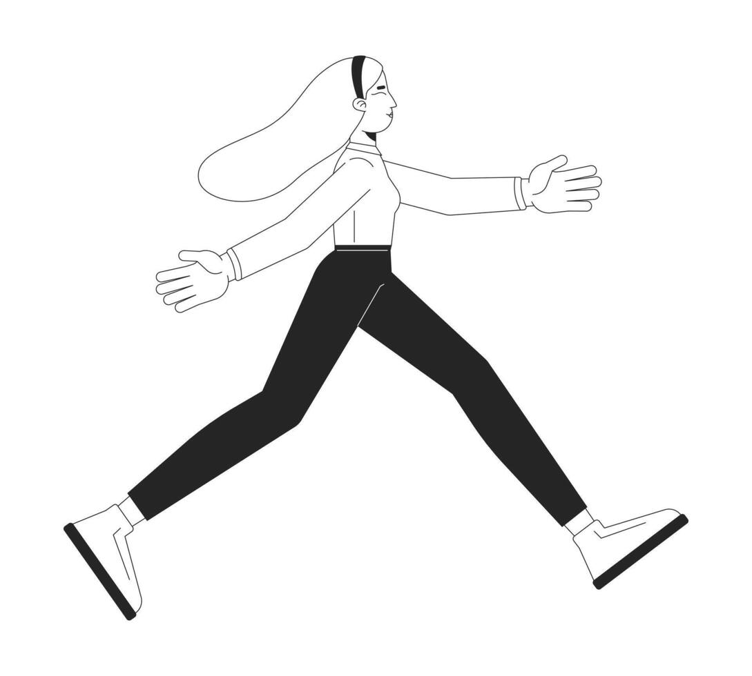Business casual woman walking with confidence and purpose black and white 2D line character. Professional freedom. Blonde office worker isolated outline person. Monochromatic spot illustration vector