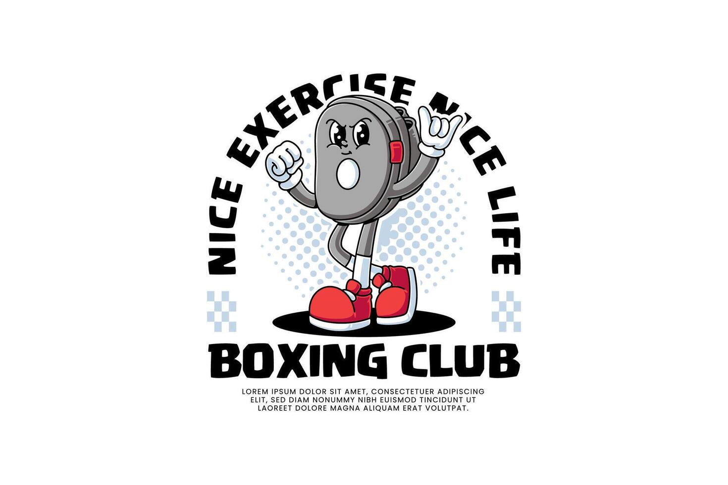 punching target pad mitt retro cartoon character mascot illustration with standing pose and showing both arm muscles for boxing training fighter sport club mascots and merchandise vector