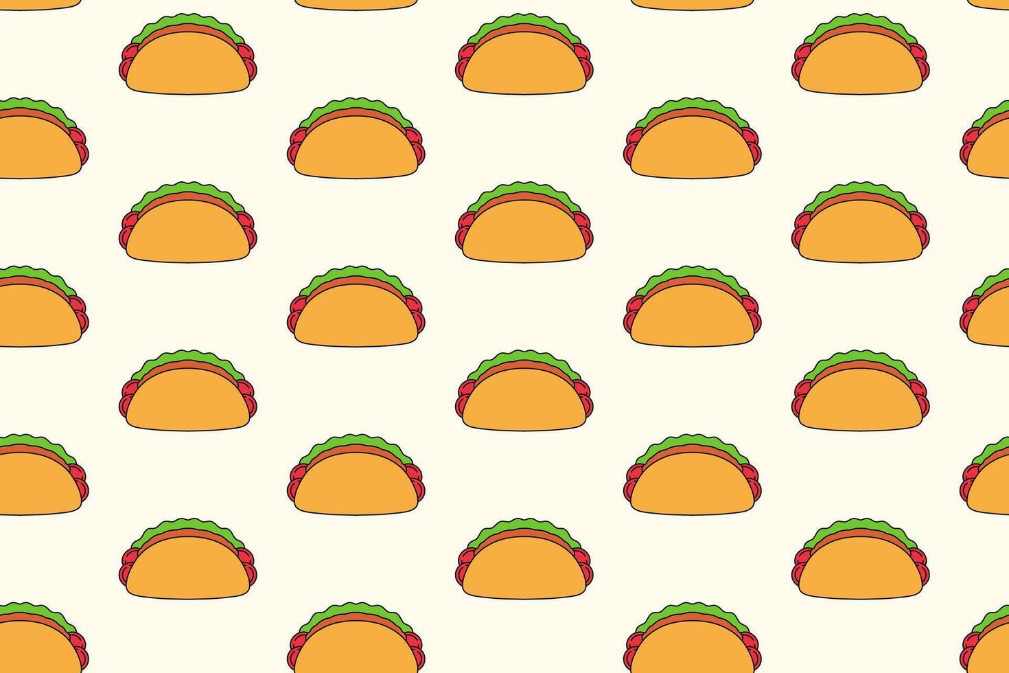 tasty taco food colorful pattern on cream background. doodle taco mexican food object symbol seamless pattern background. taco with tomato, lettuce, meat seamless pattern for decor, merchandise vector