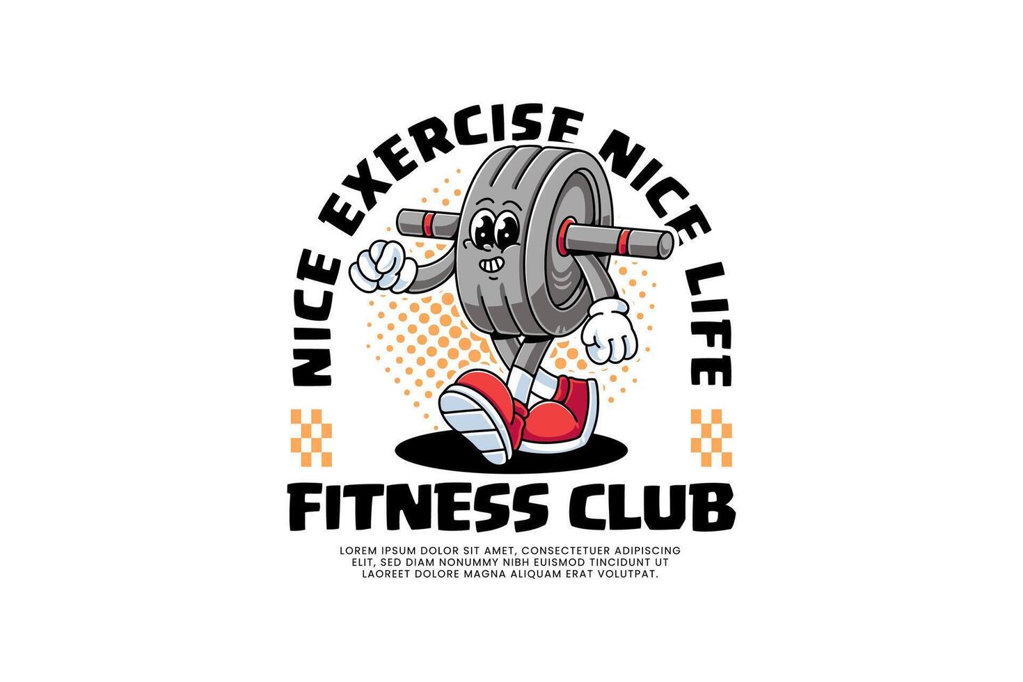 abs wheel push up bar handle retro cartoon character mascot illustration with walking and relaxing pose for fitness gym bodybuilding sport club mascots and merchandise vector
